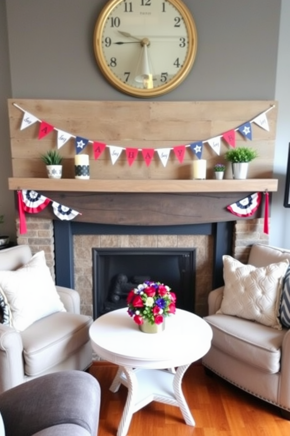 A charming display of mini bunting strung across a rustic mantel, featuring red, white, and blue colors to celebrate Labor Day. The mantel is adorned with small potted plants and decorative candles, creating a cozy and festive atmosphere. In a compact living room, a stylish arrangement of furniture maximizes space while maintaining comfort. A small, round table sits in front of a plush sofa, topped with a vibrant centerpiece that adds a pop of color to the decor.