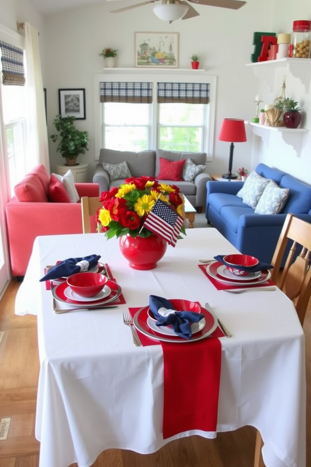 A beautifully arranged table setting for a Labor Day gathering. The table is adorned with a crisp white tablecloth and vibrant red and blue accents, featuring a centerpiece of fresh flowers and seasonal fruits. Creative small space decorating ideas that maximize functionality and style. The living area includes a compact sofa, multi-purpose furniture, and wall-mounted shelves to create an inviting atmosphere without sacrificing space.