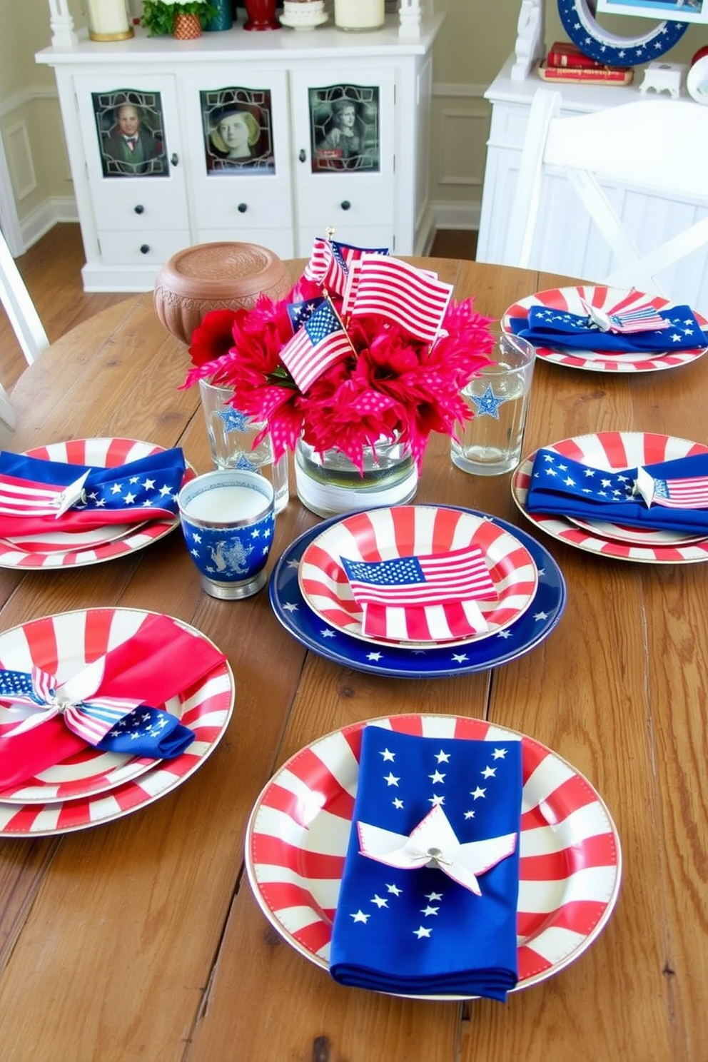 A collection of patriotic themed napkins and plates is arranged on a rustic wooden table. The vibrant red, white, and blue colors create a festive atmosphere perfect for a Labor Day celebration. In a cozy small space, clever decorating ideas maximize functionality while maintaining style. Use multi-purpose furniture and light colors to create an inviting and spacious feel.