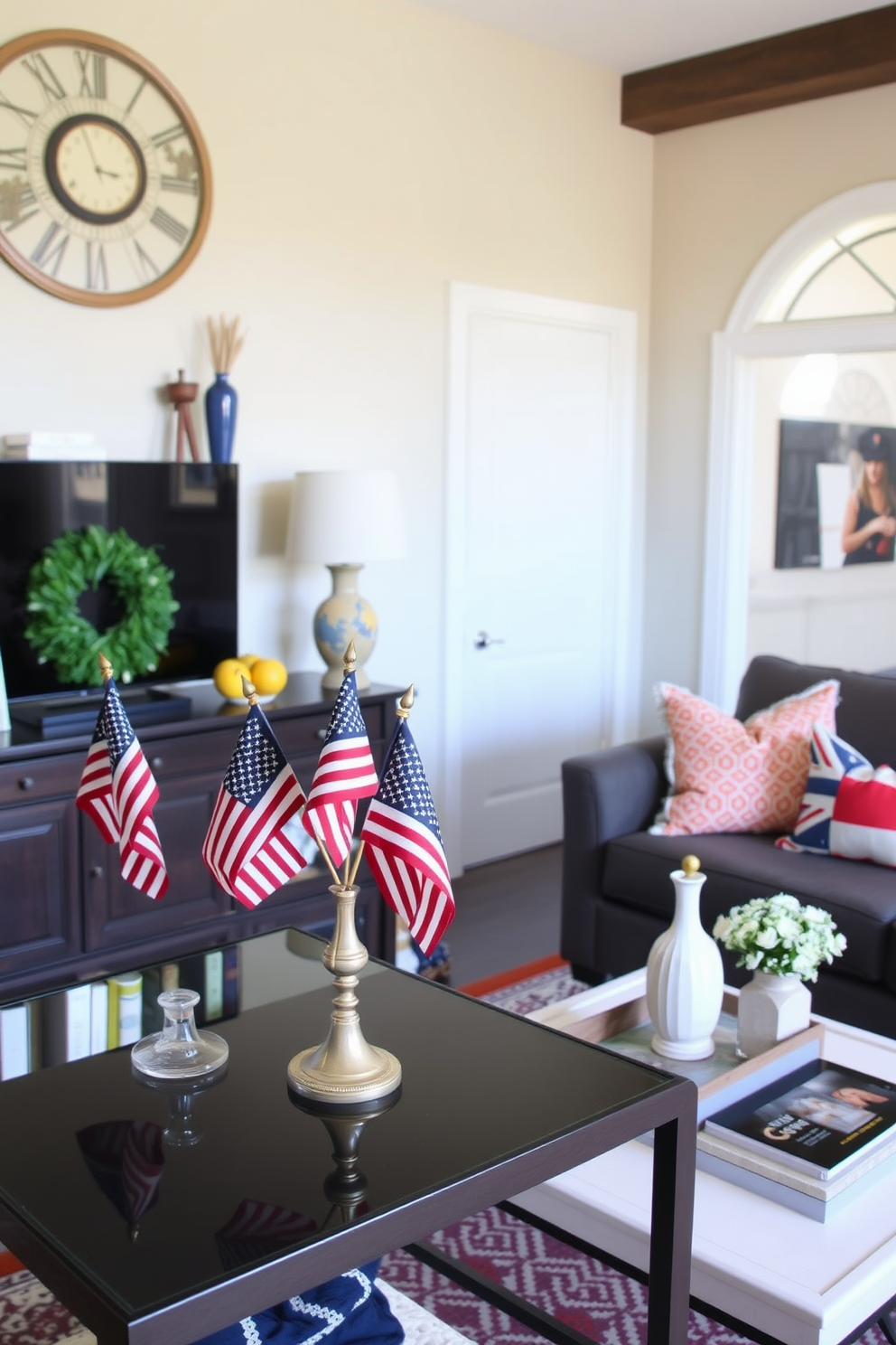 Miniature American flags are arranged in elegant vases, creating a festive atmosphere for Labor Day celebrations. The vases are placed on a stylish console table, surrounded by seasonal decorations that enhance the holiday spirit. In a cozy living room, small space decorating ideas are implemented with thoughtful furniture choices and clever storage solutions. A compact sofa is paired with a chic coffee table and vibrant throw pillows, maximizing comfort while maintaining a stylish look.