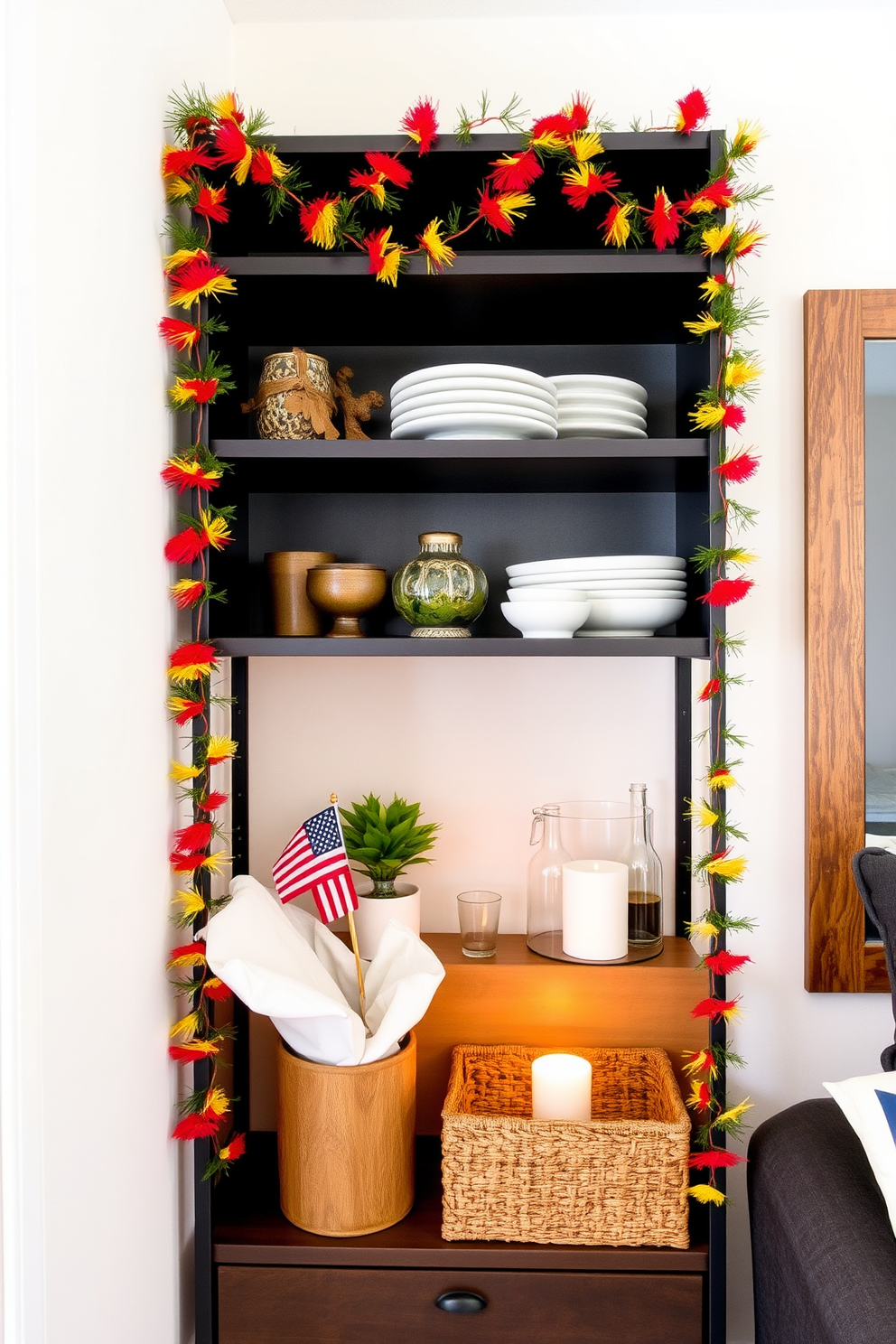 Festive garlands are elegantly draped over the shelves, adding a cheerful touch to the space. The vibrant colors of the garlands contrast beautifully with the minimalist decor, creating a warm and inviting atmosphere. For Labor Day, the small space is adorned with subtle yet striking decorations. Thoughtfully arranged elements maximize functionality while maintaining a festive spirit, making the area feel both cozy and celebratory.