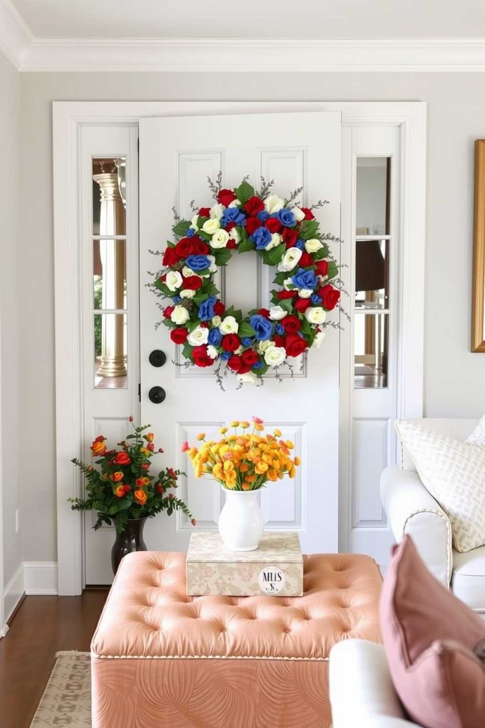 A vibrant seasonal wreath made of red, white, and blue flowers adorns the front door, welcoming guests with a festive touch. The door itself is painted in a crisp white, contrasting beautifully with the colorful wreath. For a cozy living room, incorporate multifunctional furniture such as a stylish ottoman that doubles as storage. Use light colors and mirrors to create an illusion of space while adding seasonal accents like throw pillows in warm autumn hues.