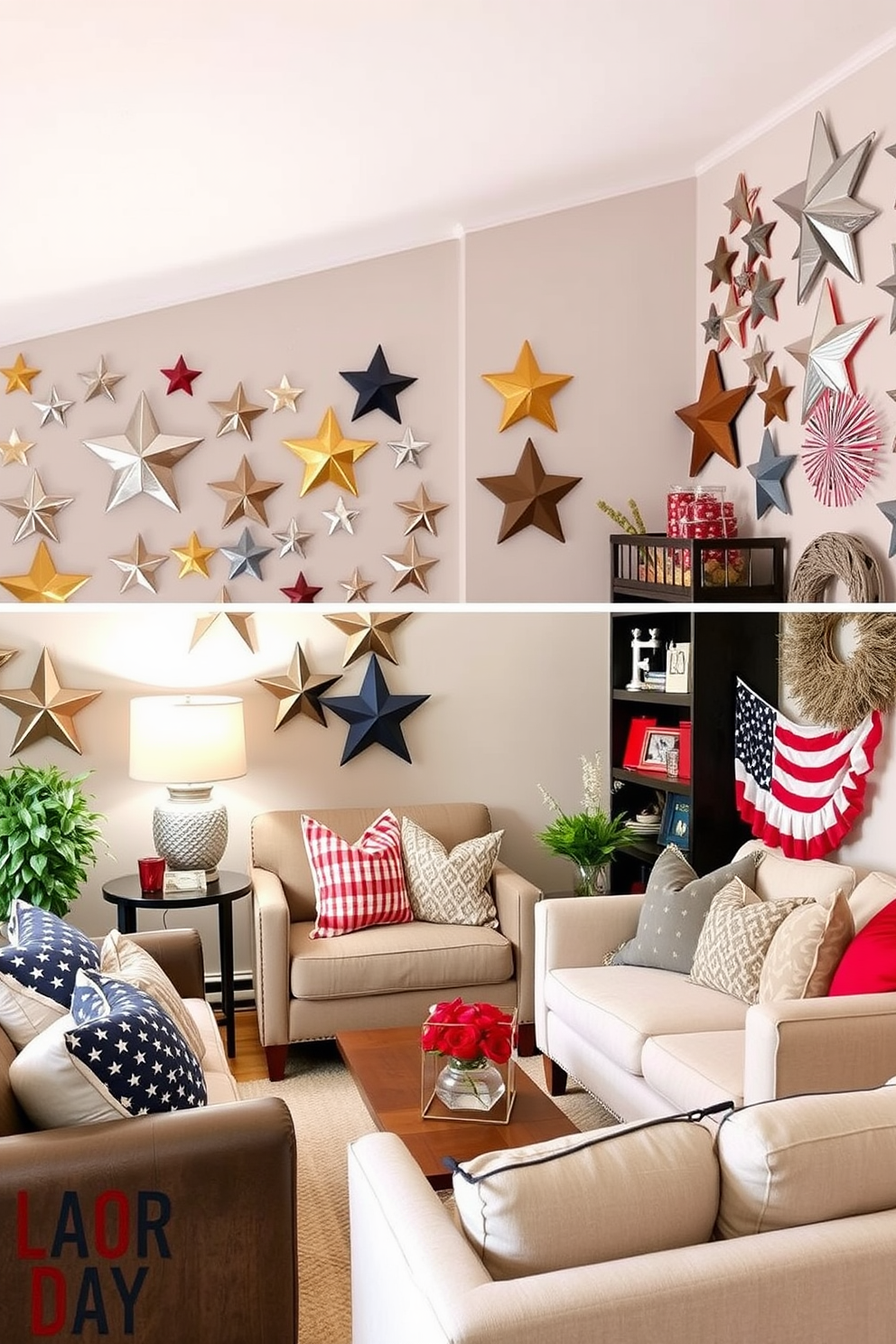 Star-shaped decor adorns the walls creating a whimsical and playful atmosphere. The decor features a mix of metallic and wooden finishes, adding warmth and charm to the space. For Labor Day, the room is styled with a festive theme that incorporates red, white, and blue accents. Cozy seating arrangements invite relaxation and celebration among friends and family. Small space decorating ideas focus on maximizing functionality while maintaining aesthetic appeal. Multi-purpose furniture and clever storage solutions ensure the space feels open and inviting.