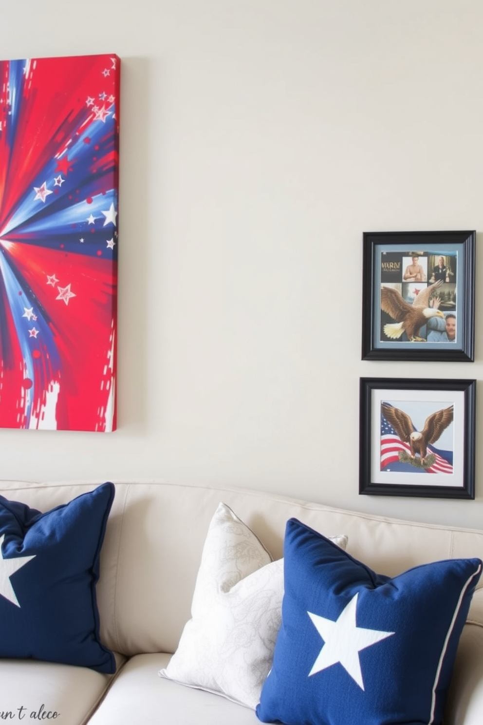 A patriotic themed artwork display features a large canvas with vibrant red white and blue colors prominently displayed on the wall. The artwork is complemented by smaller framed pieces showcasing symbols of American pride such as flags and eagles. For Labor Day small space decorating ideas consider using multi-functional furniture that maximizes utility while maintaining style. Incorporate festive accents like red white and blue throw pillows and table runners to create a celebratory atmosphere without overwhelming the space.