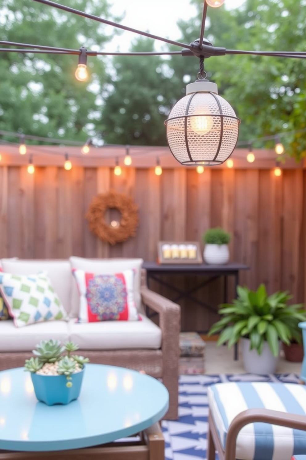 Outdoor string lights create a warm and inviting atmosphere perfect for cozy gatherings. The soft glow illuminates the space, enhancing the ambiance of any outdoor setting. Labor Day small space decorating ideas focus on maximizing style without sacrificing functionality. Utilize multi-purpose furniture and vibrant accents to create a festive yet comfortable environment.