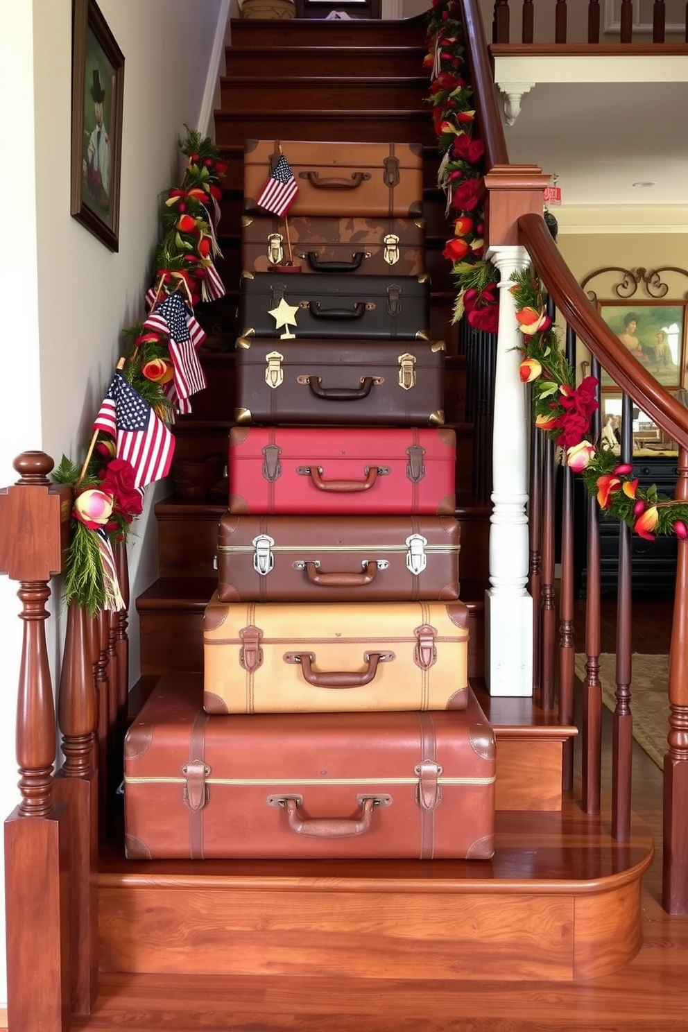 A charming arrangement of vintage suitcases stacked creatively on a wooden staircase. The suitcases are in various colors and textures, adding a nostalgic touch to the space, while the staircase is adorned with seasonal Labor Day decorations like small American flags and autumn leaves.