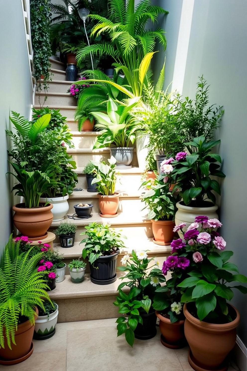 A serene staircase landing adorned with various potted plants in different sizes. The plants include lush ferns and vibrant flowering species, creating a refreshing and inviting atmosphere. Decorative elements are carefully arranged around the plants to enhance the visual appeal. Soft lighting highlights the greenery, casting gentle shadows that add depth to the space.