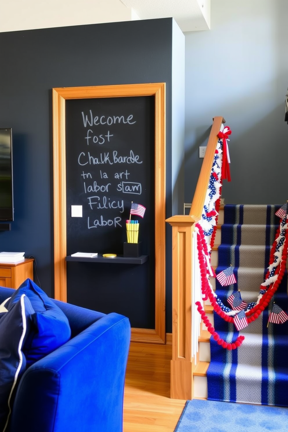 A chalkboard wall serves as a creative canvas for messages and art in a vibrant family room. The wall is framed with wooden trim, and colorful chalks are neatly arranged on a floating shelf nearby. For Labor Day, the staircase is adorned with festive decorations that celebrate the holiday. Red, white, and blue garlands drape elegantly along the banister, while small American flags are placed strategically on each step.