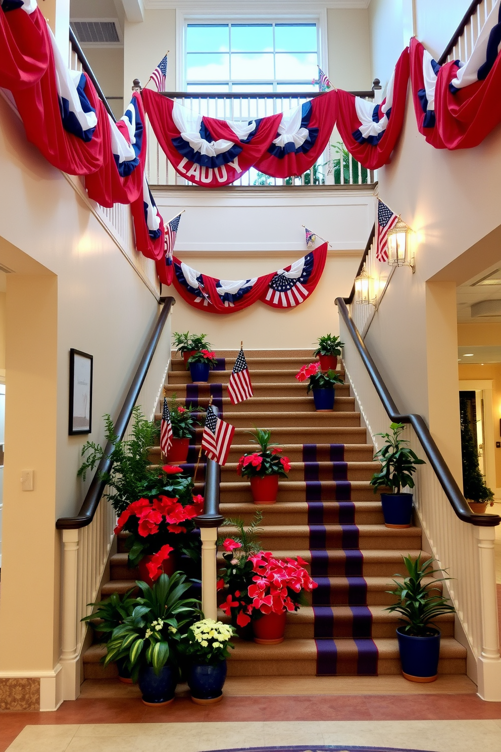 A grand staircase adorned with vibrant red, white, and blue decorations to celebrate Labor Day. Banners and garlands made of fabric drape elegantly along the banister, while small American flags are placed at various points for a festive touch. The staircase features a collection of potted plants in patriotic colors, positioned at the base and along the steps. Soft, warm lighting highlights the decorations, creating an inviting atmosphere for guests to enjoy the holiday spirit.