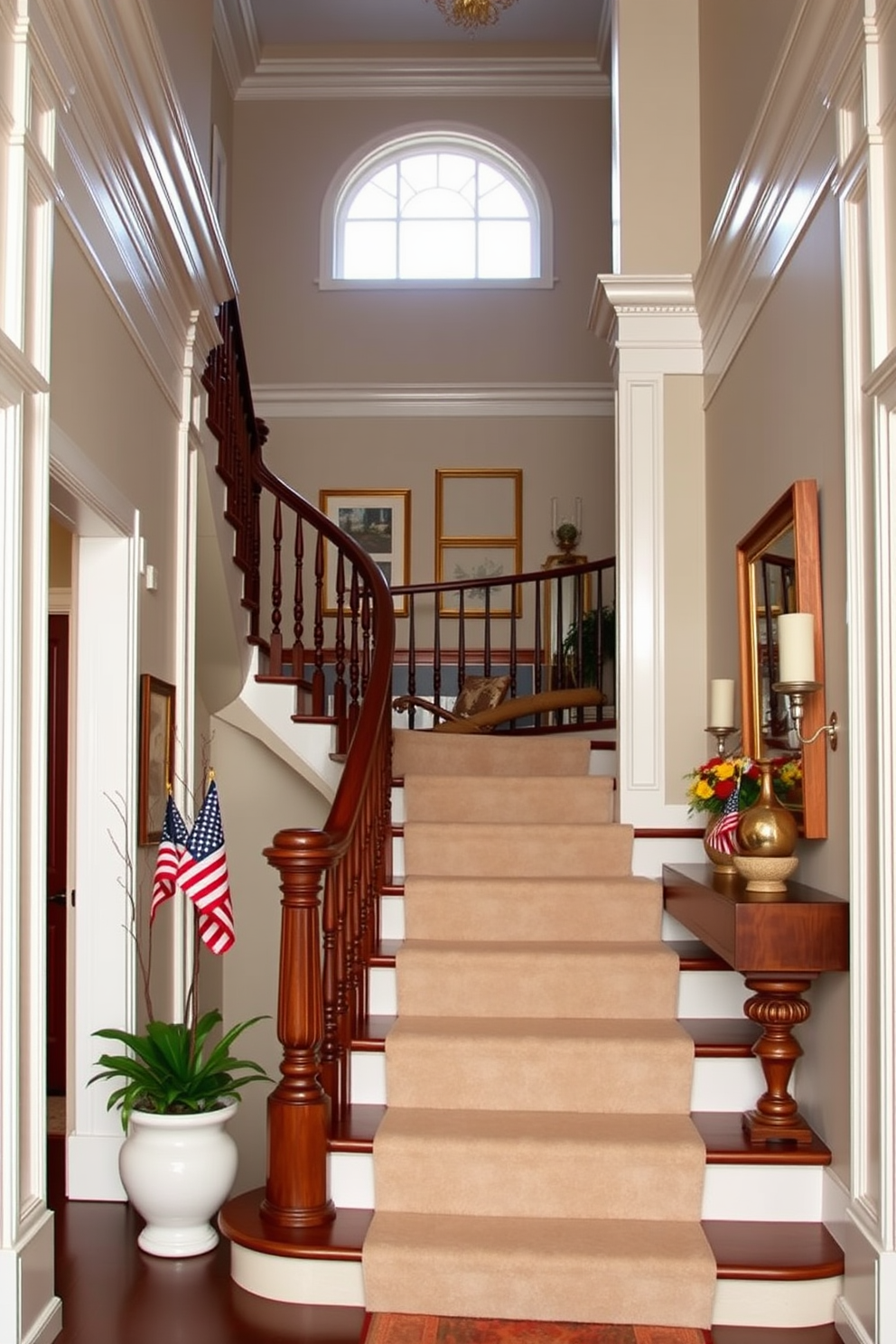 Create a stunning staircase setting featuring elegant molding and trim that enhances the architectural beauty of the space. The staircase is adorned with a rich wooden banister and decorative spindles, leading to an inviting landing area with stylish artwork on the walls. Incorporate seasonal Labor Day decorations that reflect a warm and welcoming atmosphere. Use a color palette of deep reds, blues, and whites with tasteful accents like small flags and rustic centerpieces to celebrate the holiday in style.