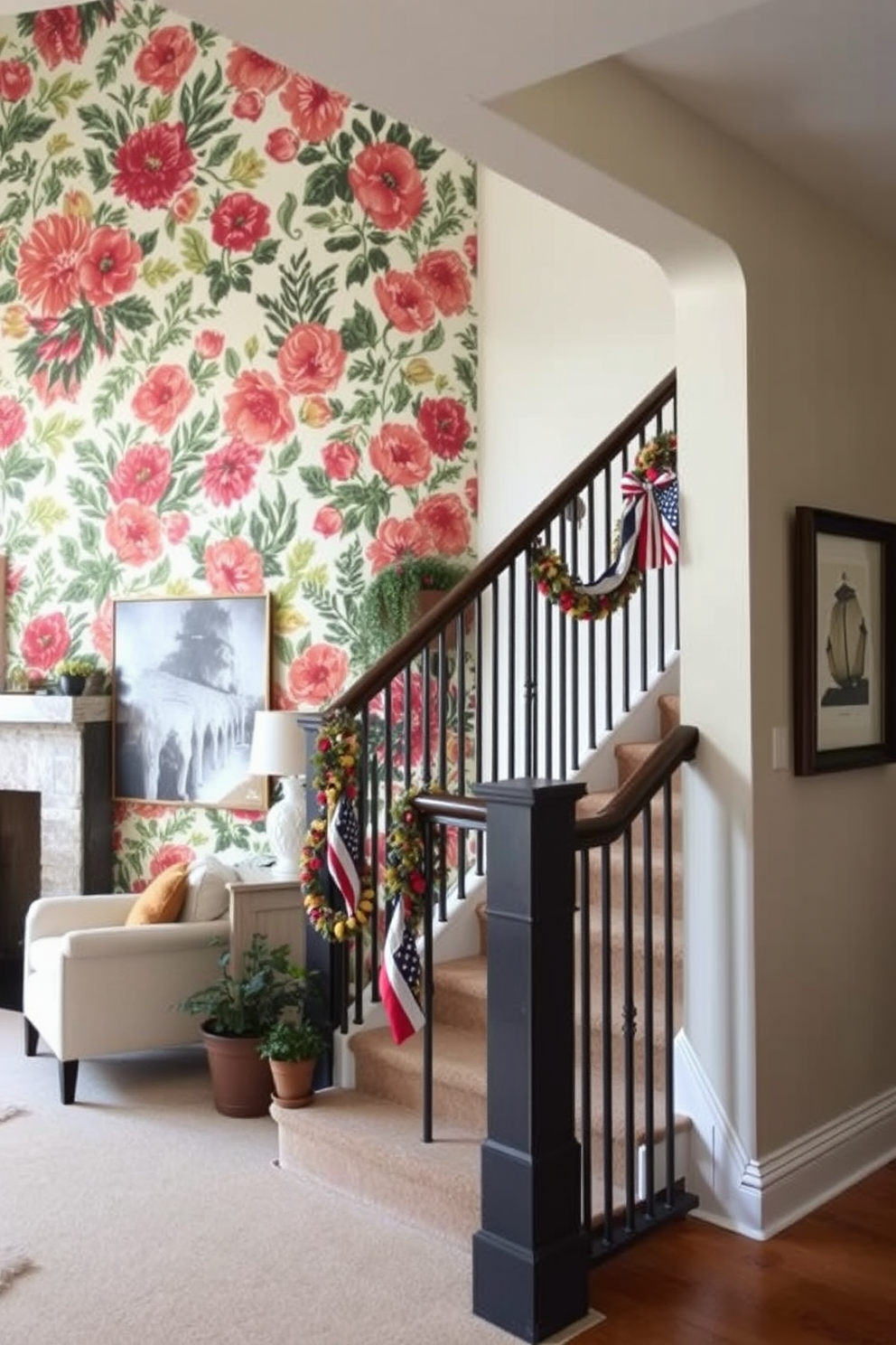 Create a stunning living room featuring an accent wall adorned with bold floral wallpaper in vibrant colors. The remaining walls are painted in a soft neutral tone to balance the boldness and create a cohesive look. Design an elegant staircase that showcases decorative elements for Labor Day. Incorporate festive garlands along the banister and place small potted plants on the steps to enhance the seasonal decor.