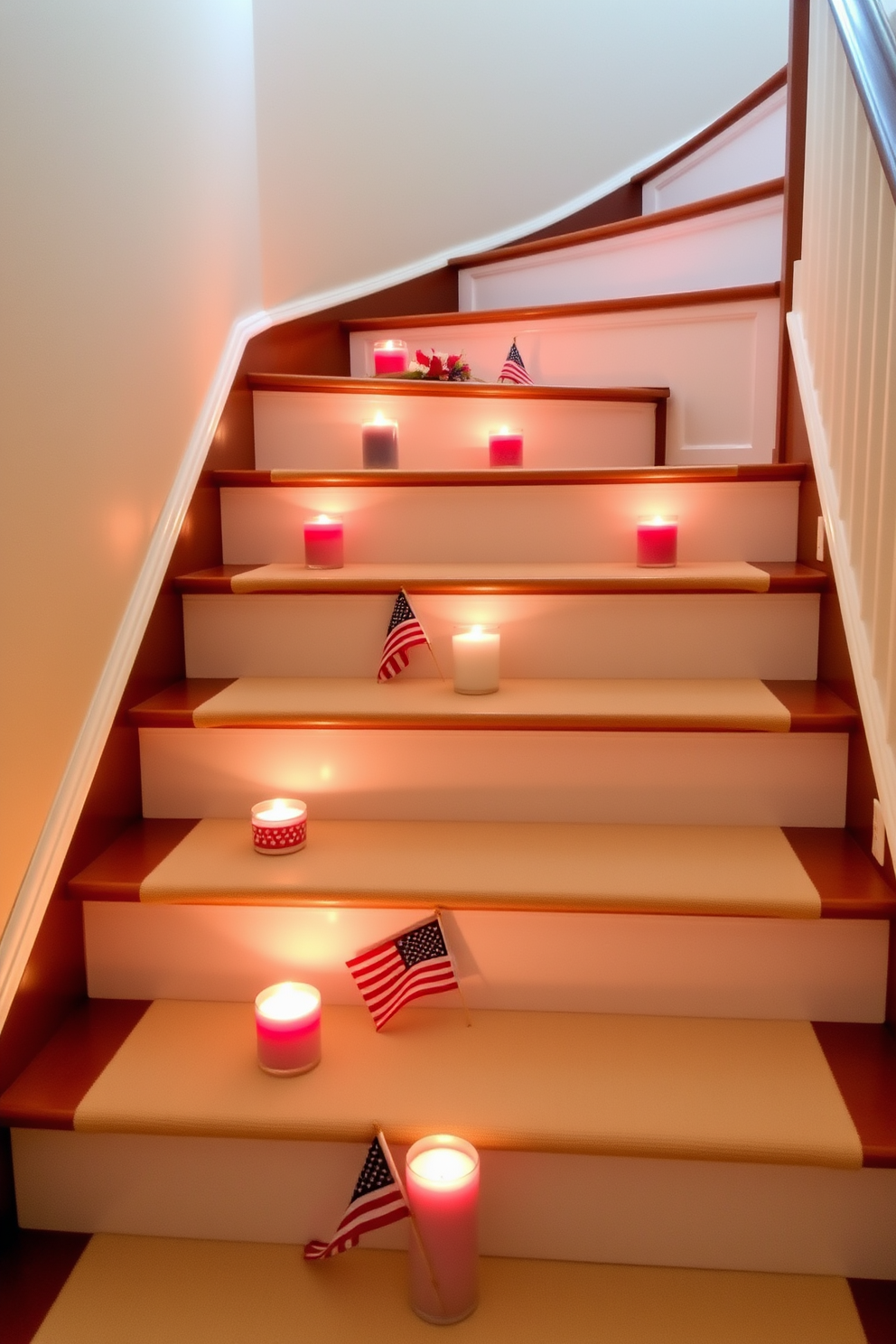 Candle arrangements on stair treads create a warm and inviting atmosphere. The soft glow of the candles enhances the elegance of the staircase, making it a focal point of the home. For Labor Day staircase decorating ideas, consider incorporating patriotic colors and seasonal elements. Arrange red, white, and blue candles on each tread, complemented by small American flags or seasonal flowers.