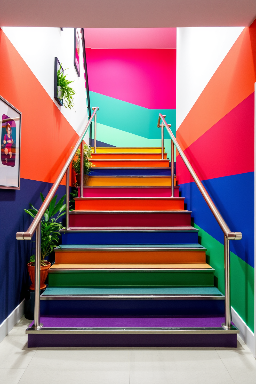 A striking color-blocked staircase features alternating bold hues that create a dynamic visual effect. The staircase is framed by sleek metal railings, enhancing its contemporary aesthetic. Decorative elements such as potted plants and artwork line the walls, adding personality to the space. Soft lighting illuminates the staircase, highlighting the vibrant colors and creating an inviting atmosphere.