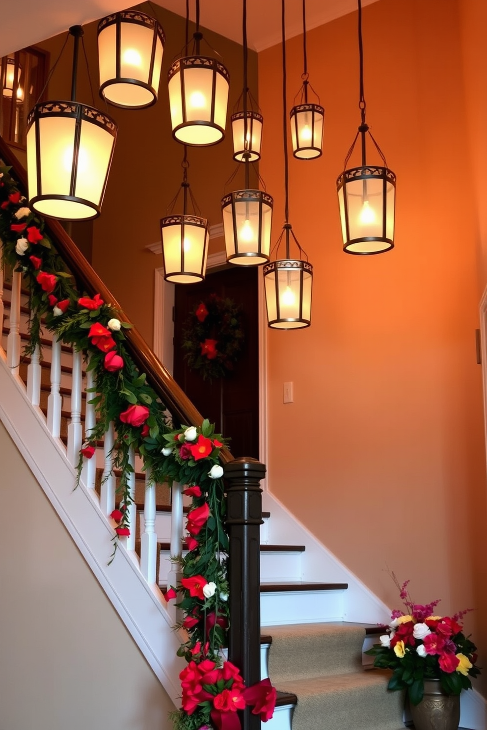 A warm and inviting staircase adorned with hanging lanterns that cast a soft glow. The lanterns are suspended at varying heights, creating a whimsical yet cohesive look that enhances the cozy atmosphere of the space. Labor Day decorating ideas featuring a staircase draped with seasonal garlands and vibrant flowers. The colors are rich and festive, celebrating the spirit of the holiday while maintaining an elegant and welcoming design.