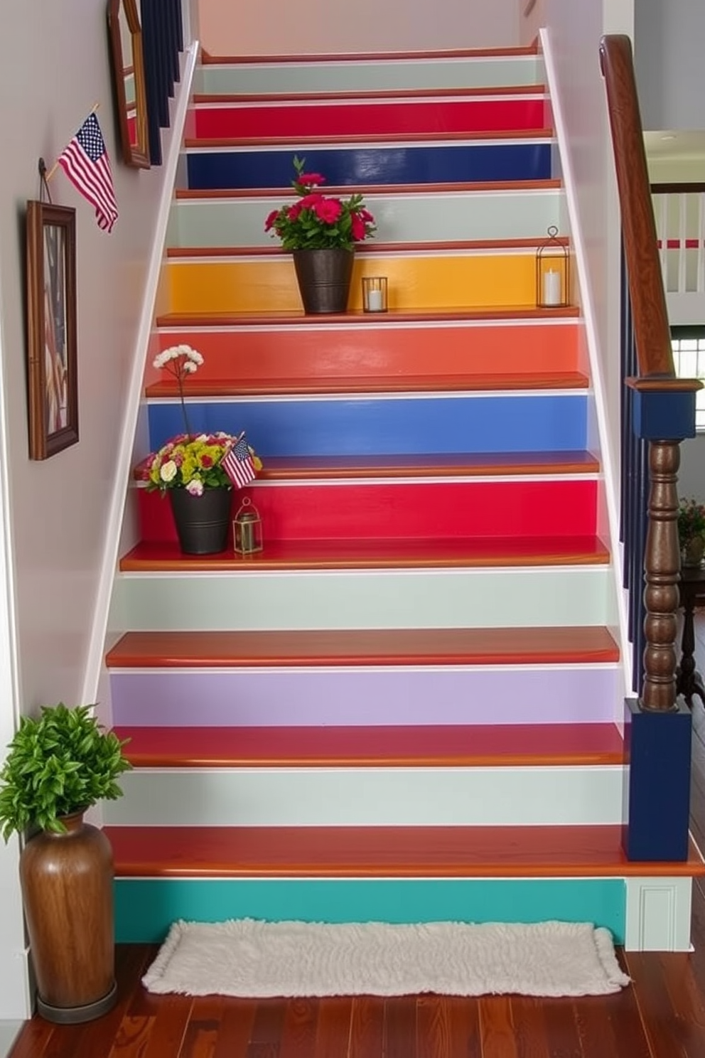 A vibrant staircase featuring colorful painted risers that add a playful touch to the space. Each riser showcases a different bold color or pattern, creating a lively visual interest that draws the eye upward. The staircase is adorned with tasteful decor elements for Labor Day, such as small flags and seasonal flowers. Cozy accents like a soft runner rug and decorative lanterns enhance the festive atmosphere while maintaining an inviting feel.