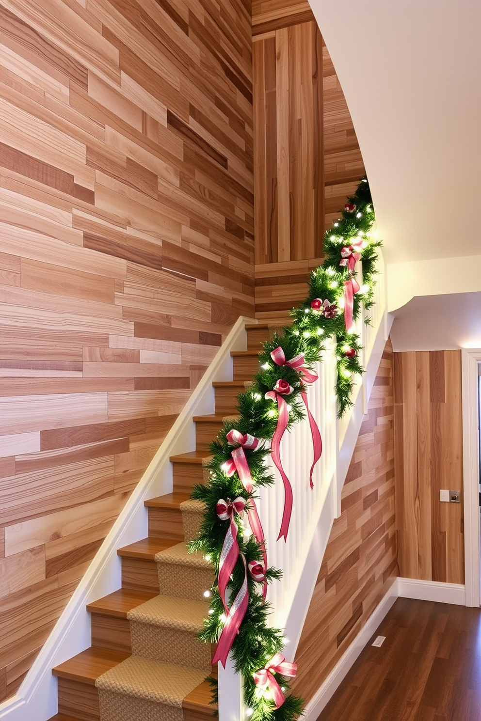 Textured wall panels create a striking visual depth in any space. The panels are crafted from natural wood, featuring a mix of horizontal and vertical lines that add dimension to the walls. For the Labor Day staircase decorating ideas, consider using a combination of seasonal flowers and festive garlands. The staircase can be adorned with soft white lights and elegant ribbons to enhance the holiday spirit.