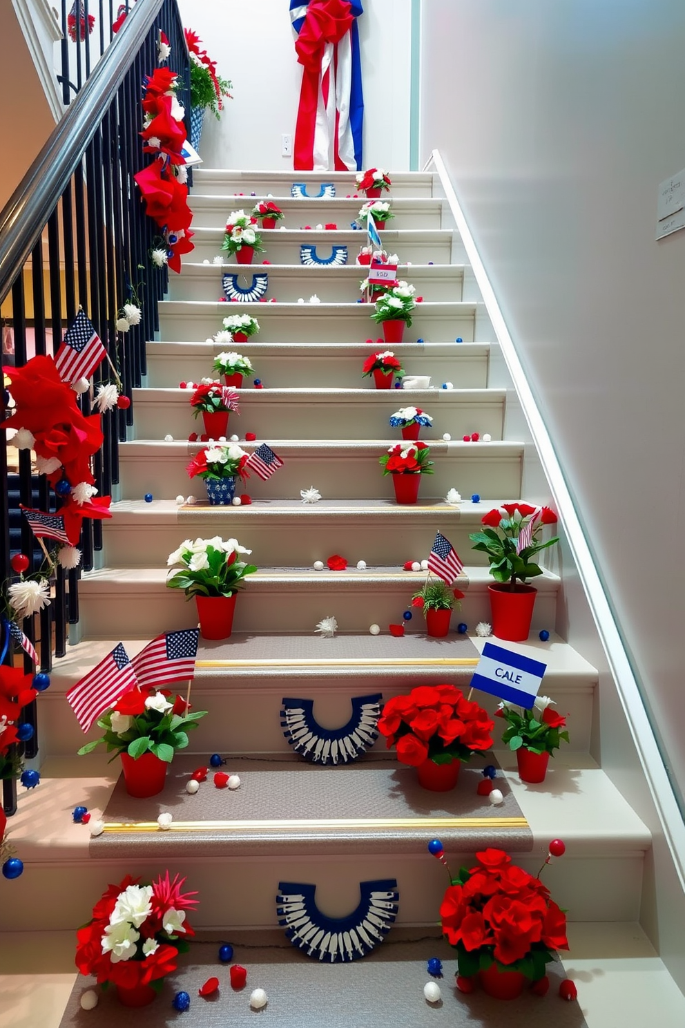 A staircase adorned with vibrant seasonal displays for Labor Day. Each step features a unique arrangement of red, white, and blue decorations, including small flags, flowers, and themed accents.