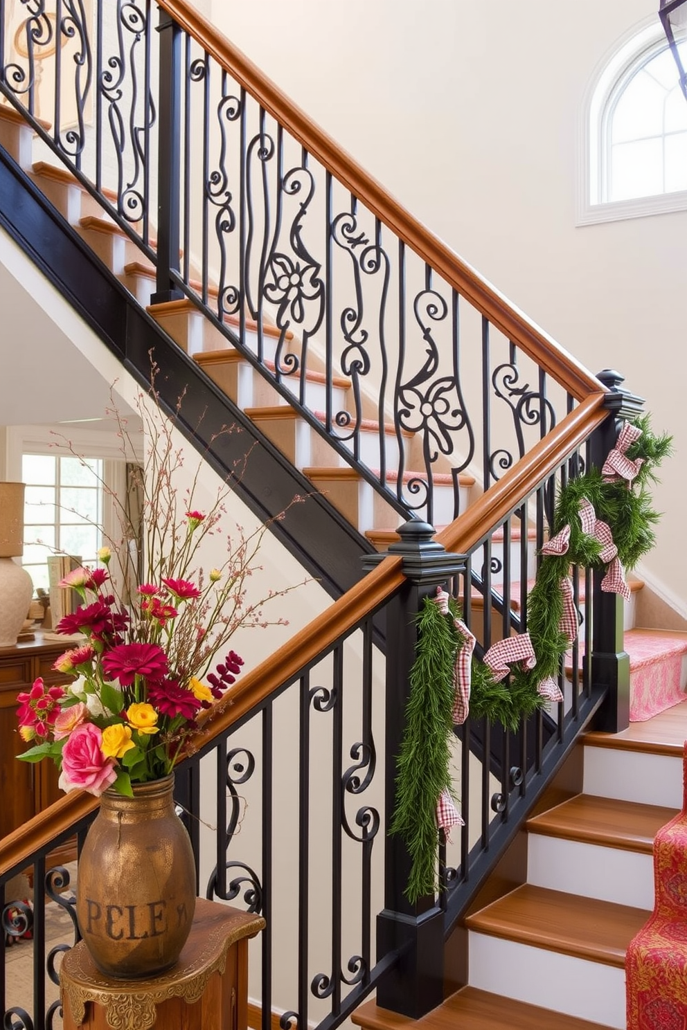 Artistic stair railing designs that blend modern aesthetics with traditional craftsmanship. The railings feature intricate metalwork and smooth wooden accents, creating a stunning focal point in the entryway. Labor Day staircase decorating ideas that incorporate seasonal elements and vibrant colors. Fresh flowers in a rustic vase and festive garlands draped along the railing add a cheerful touch to the staircase.