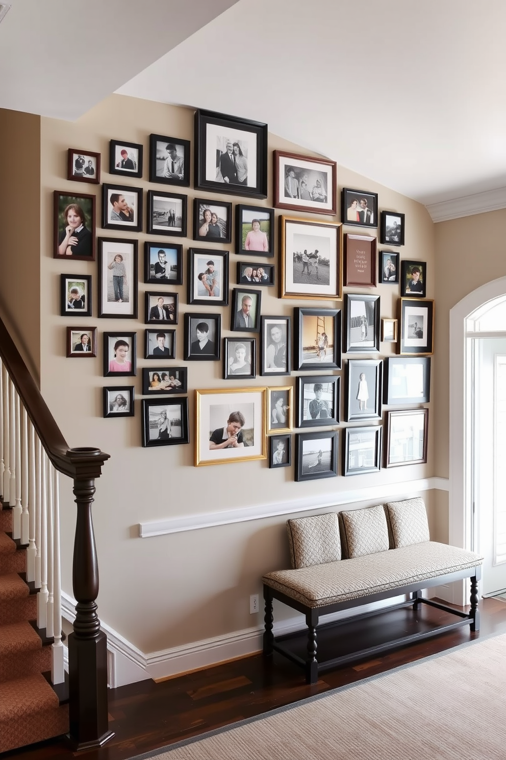 A stunning photo collage adorns the wall of a grand staircase, showcasing a mix of family memories and artistic prints. The arrangement features a variety of frame sizes and styles, creating an eclectic yet harmonious display that draws the eye as one ascends the stairs. Soft, ambient lighting highlights the collage, enhancing the colors and textures of the photographs. Complementing the artwork, a neutral runner rug adds warmth and comfort to the staircase, tying the entire design together.