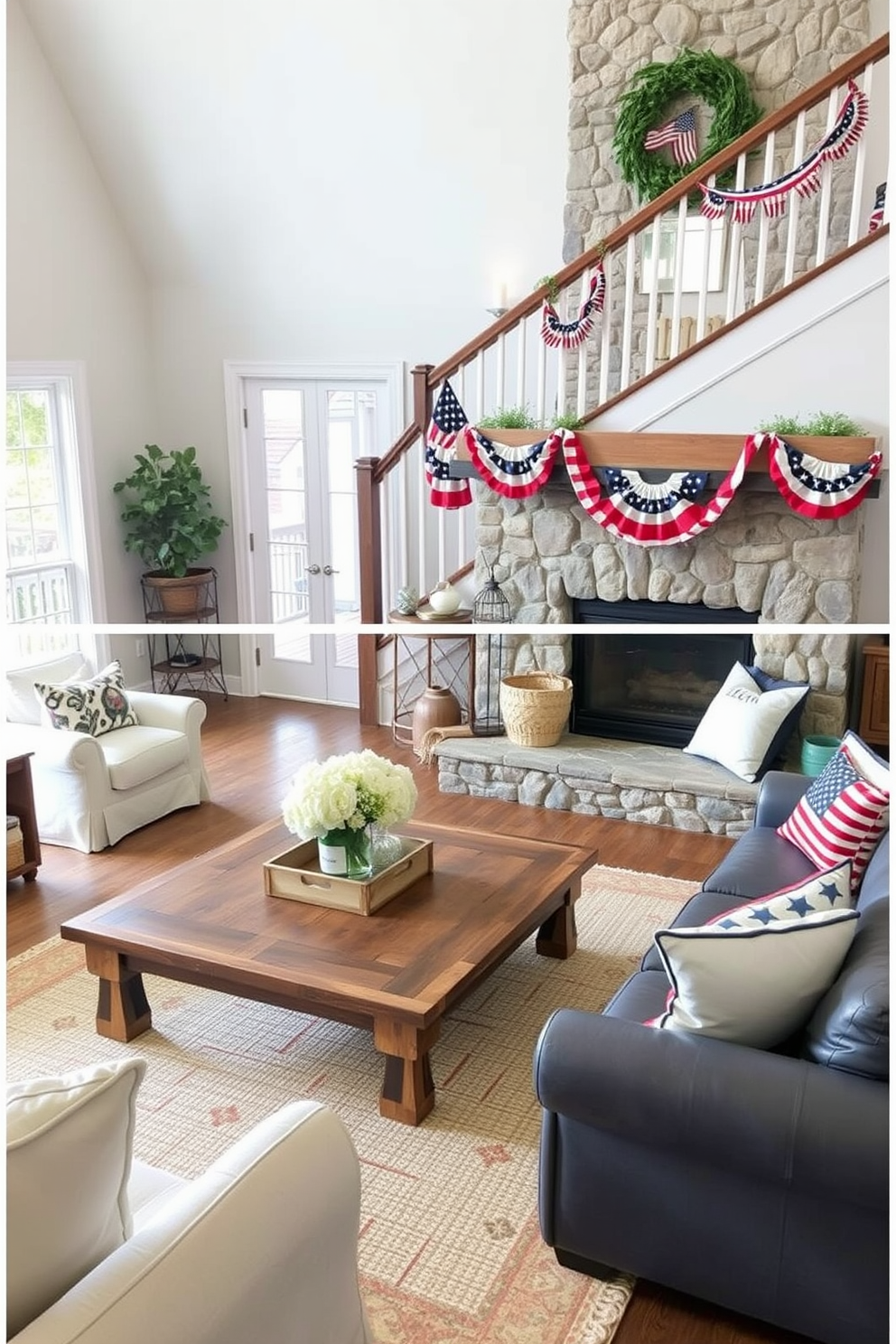 Create a cozy farmhouse living room featuring rustic wood accents. Incorporate a large reclaimed wood coffee table surrounded by comfortable seating and a stone fireplace. Design a festive Labor Day staircase display. Use red, white, and blue decorations along the railing, including garlands and small flags, to enhance the holiday spirit.