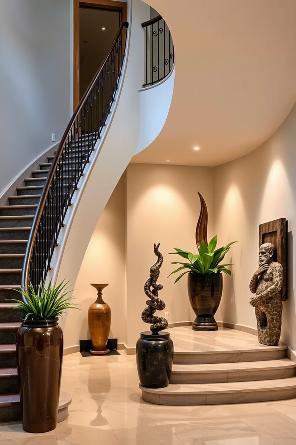 A grand staircase with sculptural elements as focal points draws the eye upwards. The staircase features a sleek, curved design with a statement balustrade made of wrought iron, creating an elegant and artistic entrance. Decorative accents such as oversized planters and unique art pieces are strategically placed along the staircase. Soft lighting highlights the textures and shapes of the sculptures, enhancing the overall ambiance and sophistication of the space.