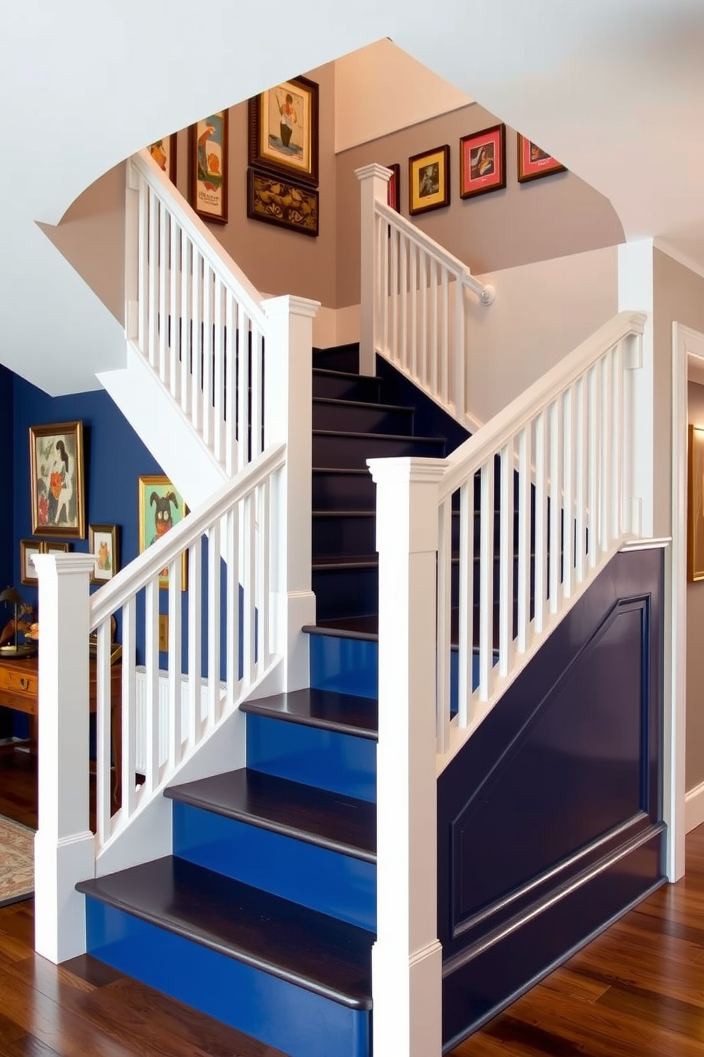 A stunning staircase featuring a bold contrasting color scheme. The staircase is painted in a deep navy blue while the railing is finished in a crisp white, creating a striking visual impact. Decorative elements adorn the staircase, including a series of framed artwork in vibrant colors along the wall. Soft, ambient lighting highlights the unique design and adds warmth to the space.