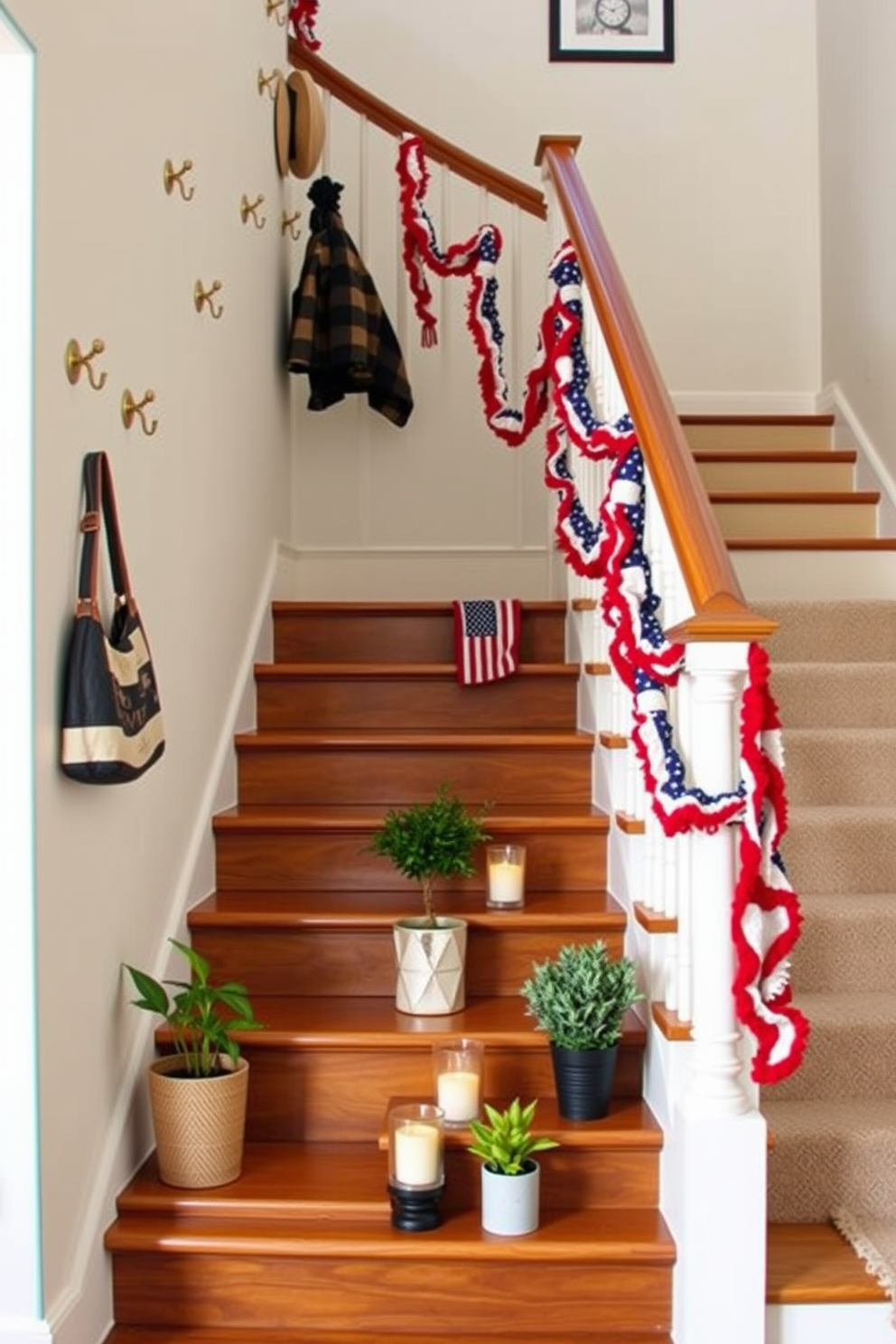 A stylish staircase adorned with decorative hooks for hats and bags. The hooks are made of brushed brass and are arranged in a visually pleasing pattern along the wall, complementing the warm wood of the staircase. Labor Day decorations enhance the staircase with festive elements. Red, white, and blue garlands drape elegantly along the railing, while small potted plants and candles add a cozy touch to the steps.