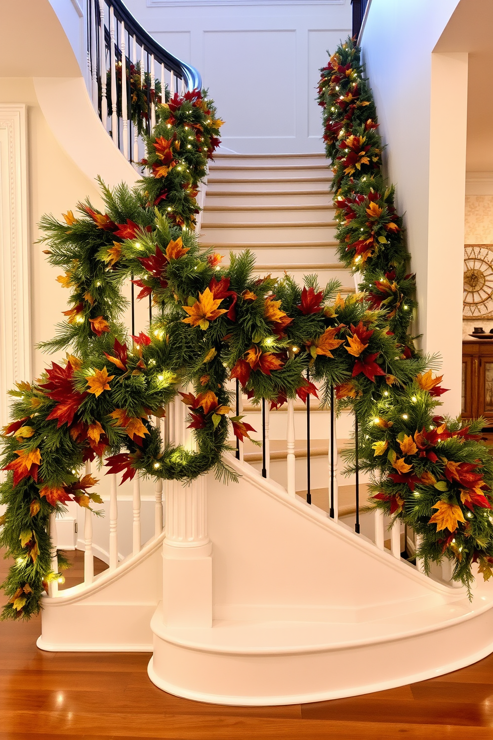 A beautiful staircase adorned with seasonal garlands draped elegantly along the banister. The garlands are filled with vibrant autumn leaves and soft white lights, creating a warm and inviting atmosphere for Labor Day celebrations.