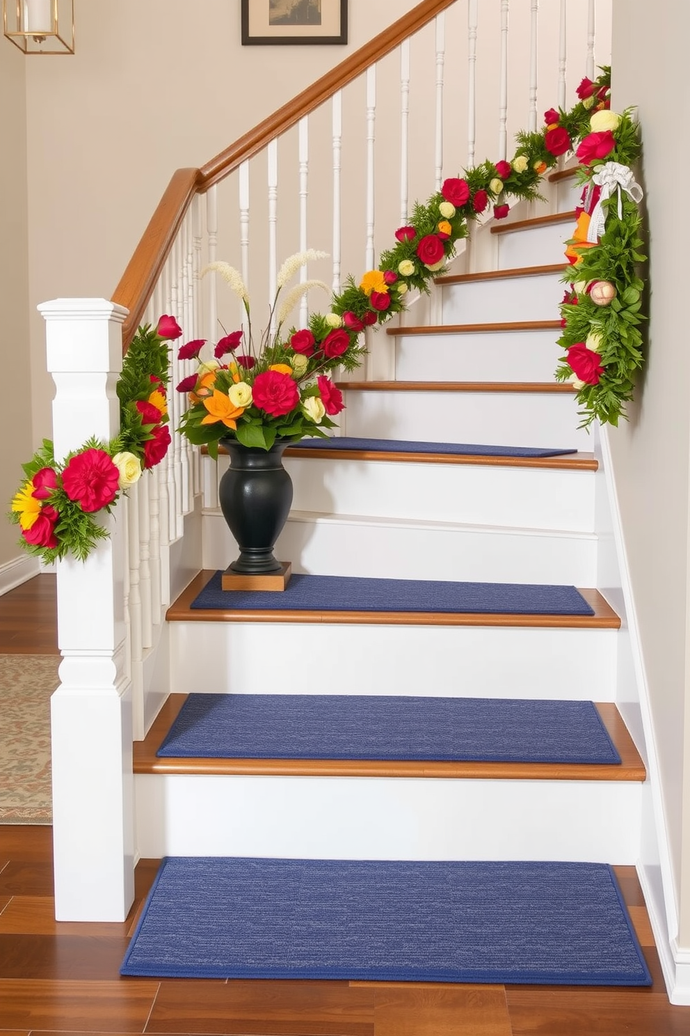 Stylish stair treads that enhance safety while adding a touch of elegance. The treads are made of durable materials with a textured surface, available in a variety of colors to match the staircase. Labor Day staircase decorating ideas that celebrate the season with festive accents. Incorporate seasonal flowers in vibrant hues and decorative garlands along the railing for a welcoming touch.