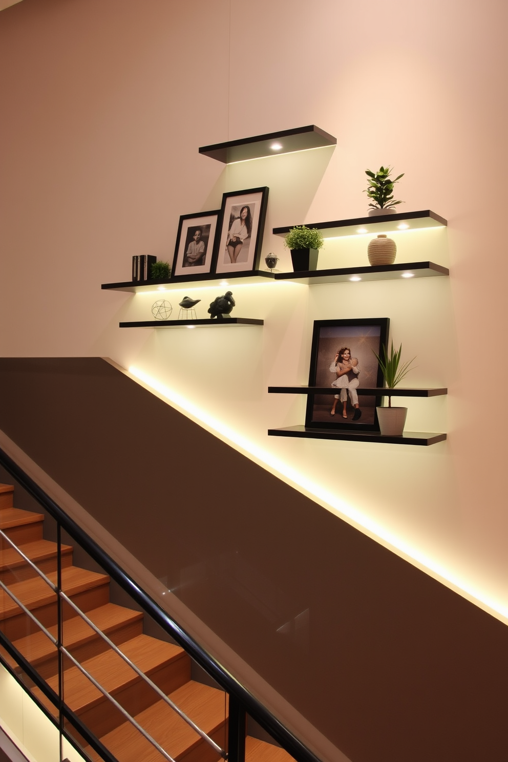 A stylish staircase with floating shelves elegantly positioned along the wall. The shelves are adorned with decorative accents such as framed photos, potted plants, and art pieces that reflect a modern aesthetic. The staircase features a sleek railing that complements the overall design. Soft lighting highlights the decorative elements, creating an inviting atmosphere.