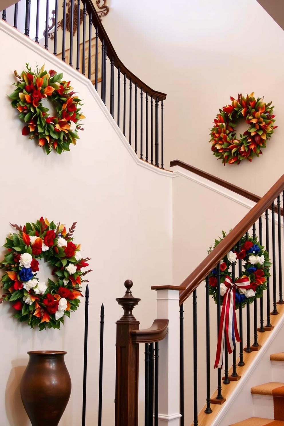 Wreaths made of seasonal foliage are elegantly hung on the walls of a grand staircase, creating a warm and inviting atmosphere. The rich colors of the leaves contrast beautifully with the neutral tones of the staircase, enhancing the overall aesthetic. For Labor Day, the staircase is adorned with wreaths that incorporate red, white, and blue flowers, celebrating the spirit of the holiday. Soft lighting highlights the decorations, making the staircase a focal point of the home.