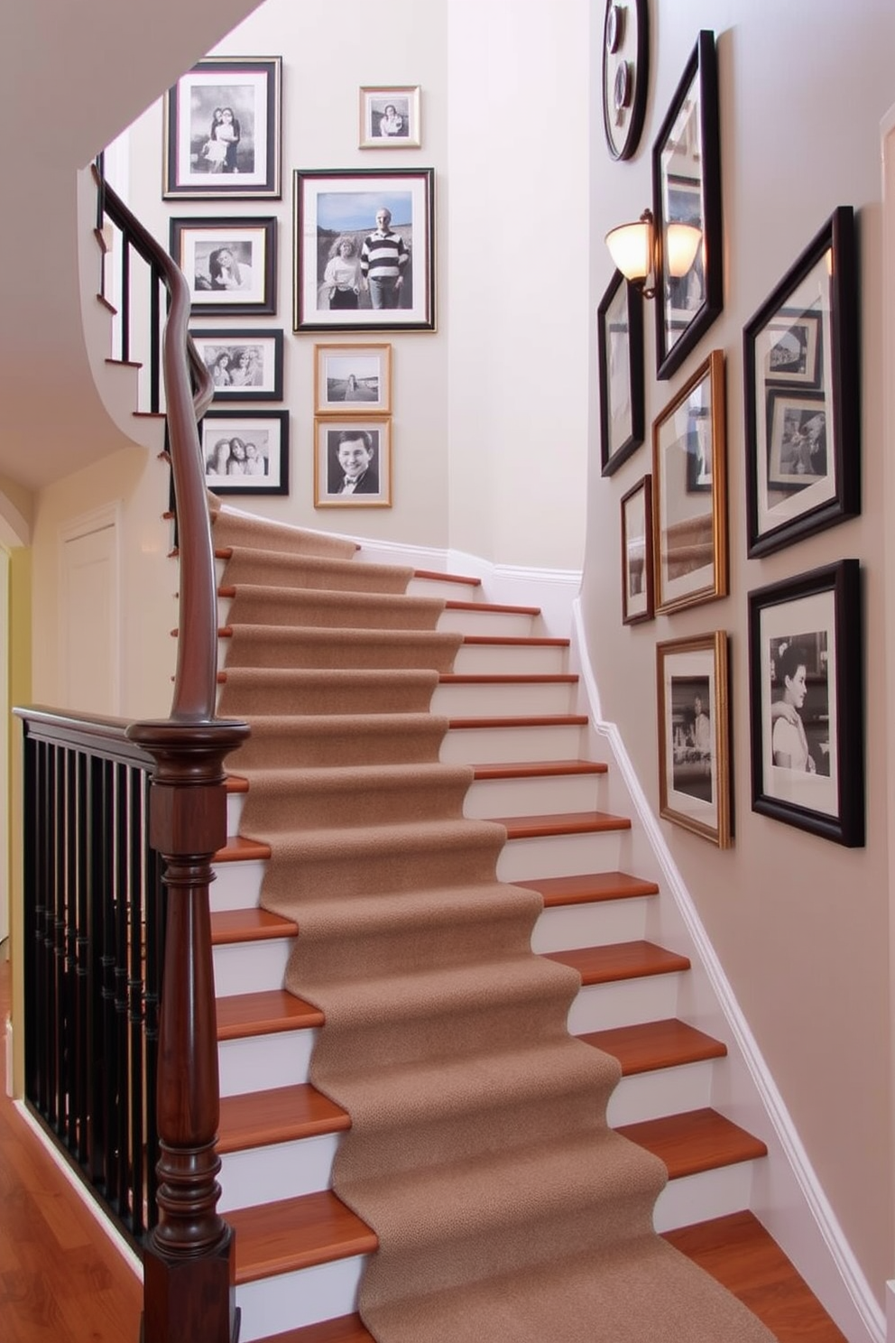 A beautifully decorated staircase featuring a series of framed artworks that add a personal touch to the space. The walls are painted in a soft neutral tone to enhance the artwork, and the staircase is adorned with a stylish runner that complements the overall design. The framed artwork includes a mix of family photos and abstract pieces in various sizes, arranged in a gallery style. Soft lighting from sconces highlights the artwork, creating an inviting atmosphere as you ascend the stairs.