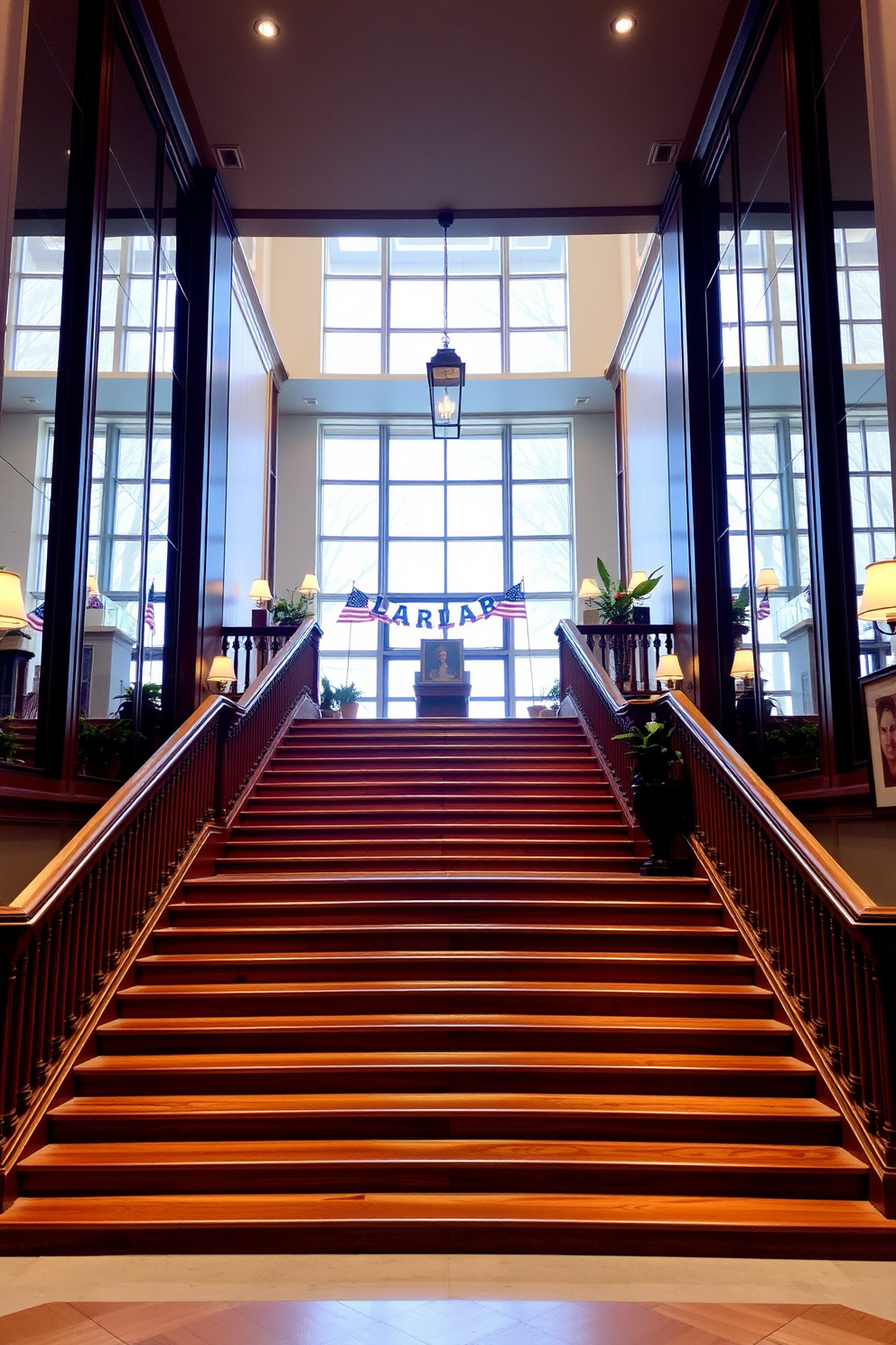 A grand staircase with elegant wooden steps leads to an upper level. The walls are adorned with large mirrors that reflect light and create an illusion of spaciousness. Decorative elements such as potted plants and framed artwork line the staircase. Soft lighting fixtures illuminate the area, enhancing the inviting atmosphere for Labor Day celebrations.