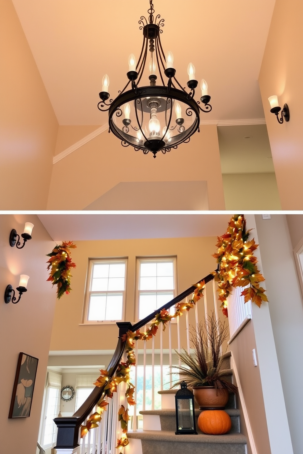 Decorative lighting fixtures create a warm and inviting ambiance in any space. A stunning chandelier hangs from the ceiling, casting a soft glow over the room, while stylish wall sconces frame the staircase, enhancing its architectural beauty. Labor Day staircase decorating ideas can transform your entryway into a festive display. Adorn the staircase with garlands of autumn leaves and twinkling fairy lights, complemented by seasonal decor such as pumpkins and lanterns for a welcoming touch.