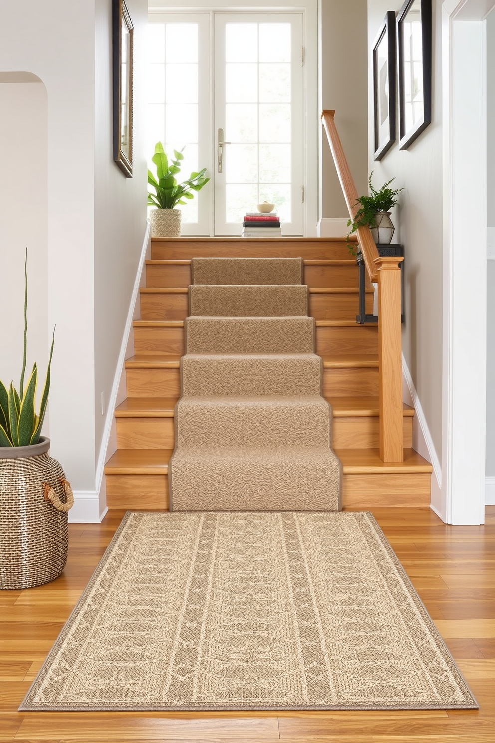 A stylish runner rug gracefully cascades down the staircase, adding warmth and texture to the space. The rug features a modern geometric pattern in soft earth tones, perfectly complementing the natural wood of the staircase. Decorative elements like potted plants and framed artwork line the walls, enhancing the inviting atmosphere. The combination of the rug and decor creates a cohesive and sophisticated look that welcomes guests.