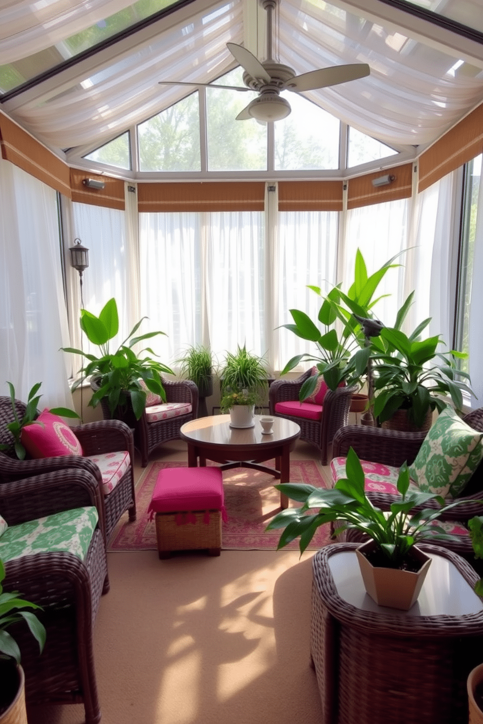 A cozy sunroom filled with natural light. The space features wicker furniture arranged around a wooden coffee table, accented with colorful cushions for comfort. Lush green plants are strategically placed throughout the room, adding a vibrant touch. Sheer curtains gently filter the sunlight, creating a warm and inviting atmosphere.