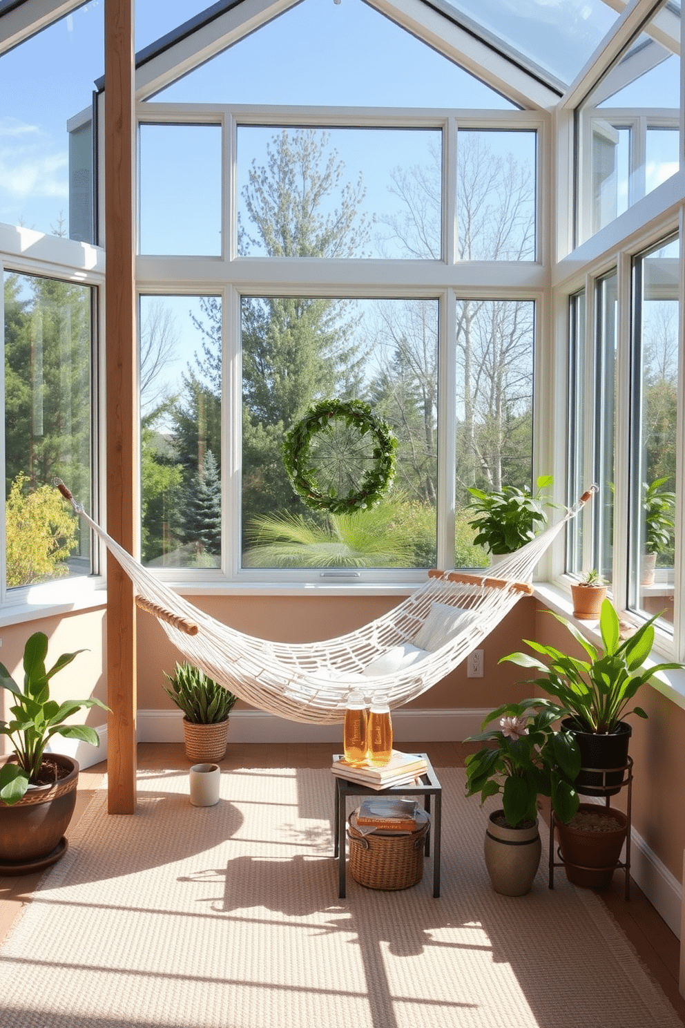 A bright and airy sunroom designed for relaxation features a cozy hammock suspended between two sturdy wooden posts. The walls are adorned with large windows that allow natural light to flood the space, creating a warm and inviting atmosphere. The floor is covered with a soft, textured rug that adds comfort underfoot, while potted plants bring a touch of nature indoors. A small side table holds refreshing beverages and a stack of books, perfect for leisurely afternoons spent in the sun.