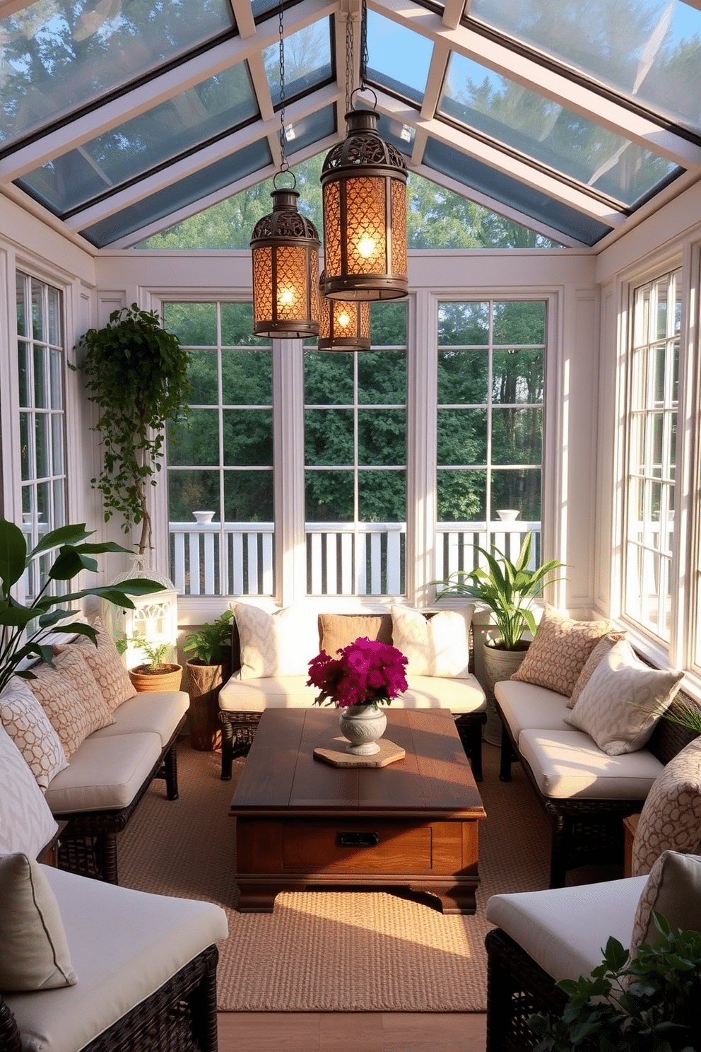 A cozy sunroom filled with natural light. The space features comfortable seating with plush cushions and a rustic wooden coffee table at the center. Decorative lanterns hang from the ceiling, casting a warm glow in the evening. Potted plants are arranged in the corners, adding a touch of greenery and life to the room.