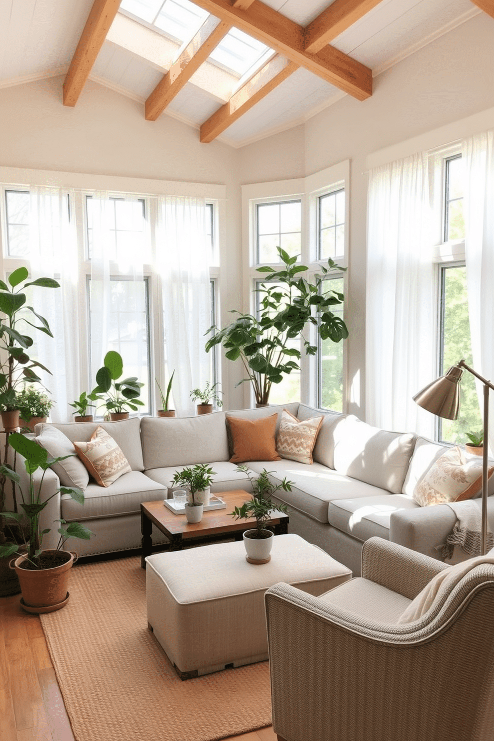 A serene sunroom filled with natural light. The walls are painted in a soft beige, while the ceiling features exposed wooden beams. A comfortable sectional sofa in a light gray fabric is arranged around a rustic coffee table. Potted plants in varying heights add a touch of greenery and life to the space. The windows are adorned with sheer white curtains that gently filter the sunlight. A woven area rug in neutral tones anchors the seating area, creating a cozy atmosphere. Decorative throw pillows in muted earth tones are scattered across the sofa. A small reading nook is created with a plush armchair and a floor lamp in a brushed nickel finish.