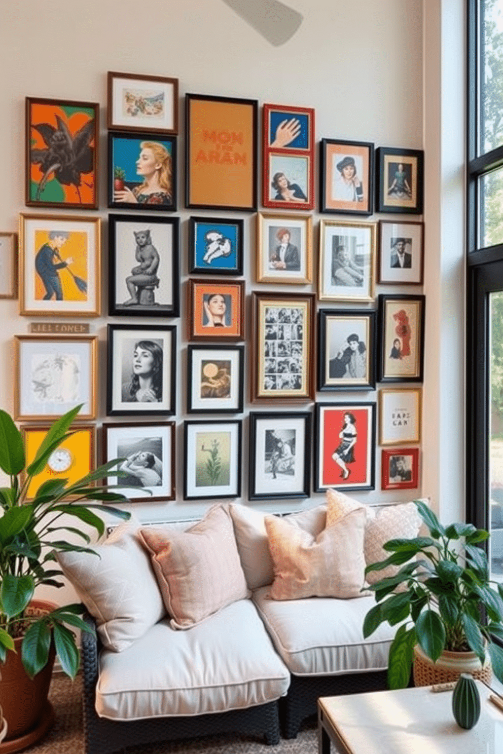 Create a gallery wall filled with an eclectic mix of framed artwork in various sizes. The wall features bold colors and textures, showcasing a combination of abstract pieces, photographs, and prints that reflect a personal style. In the sunroom, incorporate comfortable seating with plush cushions in light, airy fabrics. Large windows allow natural light to flood the space, and potted plants add a touch of greenery, creating a welcoming atmosphere for relaxation.