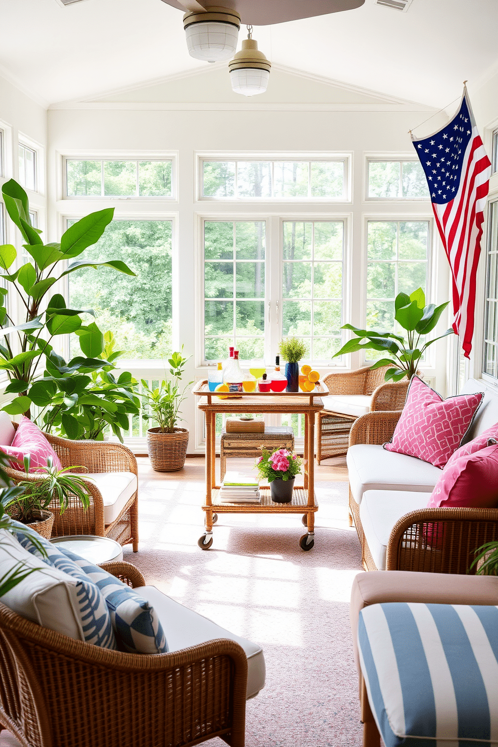 A bright and inviting sunroom designed for Labor Day gatherings. The space features a stylish bar cart made of rattan, stocked with colorful drinks and glassware, positioned near large windows that let in abundant natural light. Comfortable seating arrangements include a mix of plush armchairs and a cozy sectional, adorned with vibrant throw pillows. Lush greenery and potted plants add a refreshing touch, while a light, airy color palette enhances the cheerful atmosphere.