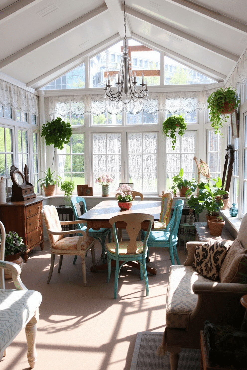 A charming sunroom filled with vintage decor. The room features a collection of mismatched furniture, including a distressed wooden table surrounded by colorful, upholstered chairs. Sunlight streams through large windows adorned with lace curtains, creating a warm and inviting atmosphere. Potted plants and vintage accessories, such as an antique clock and a patterned throw, add character and charm to the space.