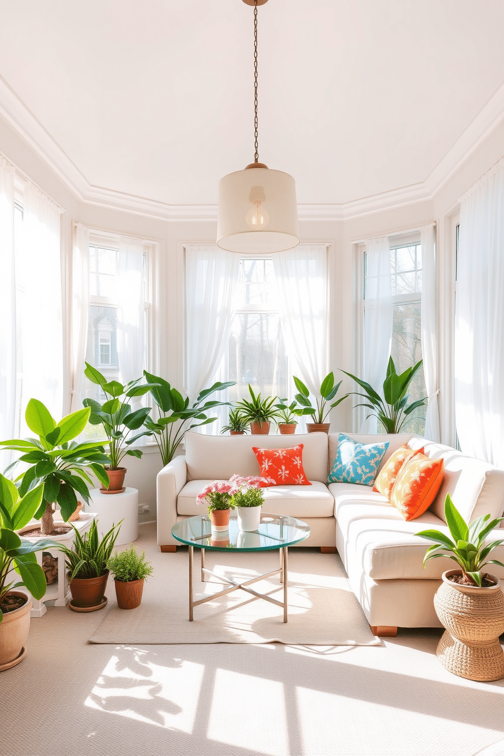 A bright and airy sunroom filled with natural light. The space features large windows adorned with sheer white curtains, allowing sunlight to filter in softly. In the center, a comfortable seating area includes a plush sectional sofa in a light neutral tone. A statement light fixture hangs above, casting a warm glow over the room. The walls are painted in a soft pastel hue, creating a calming atmosphere. A mix of potted plants and decorative pillows in vibrant colors add a touch of liveliness to the decor.