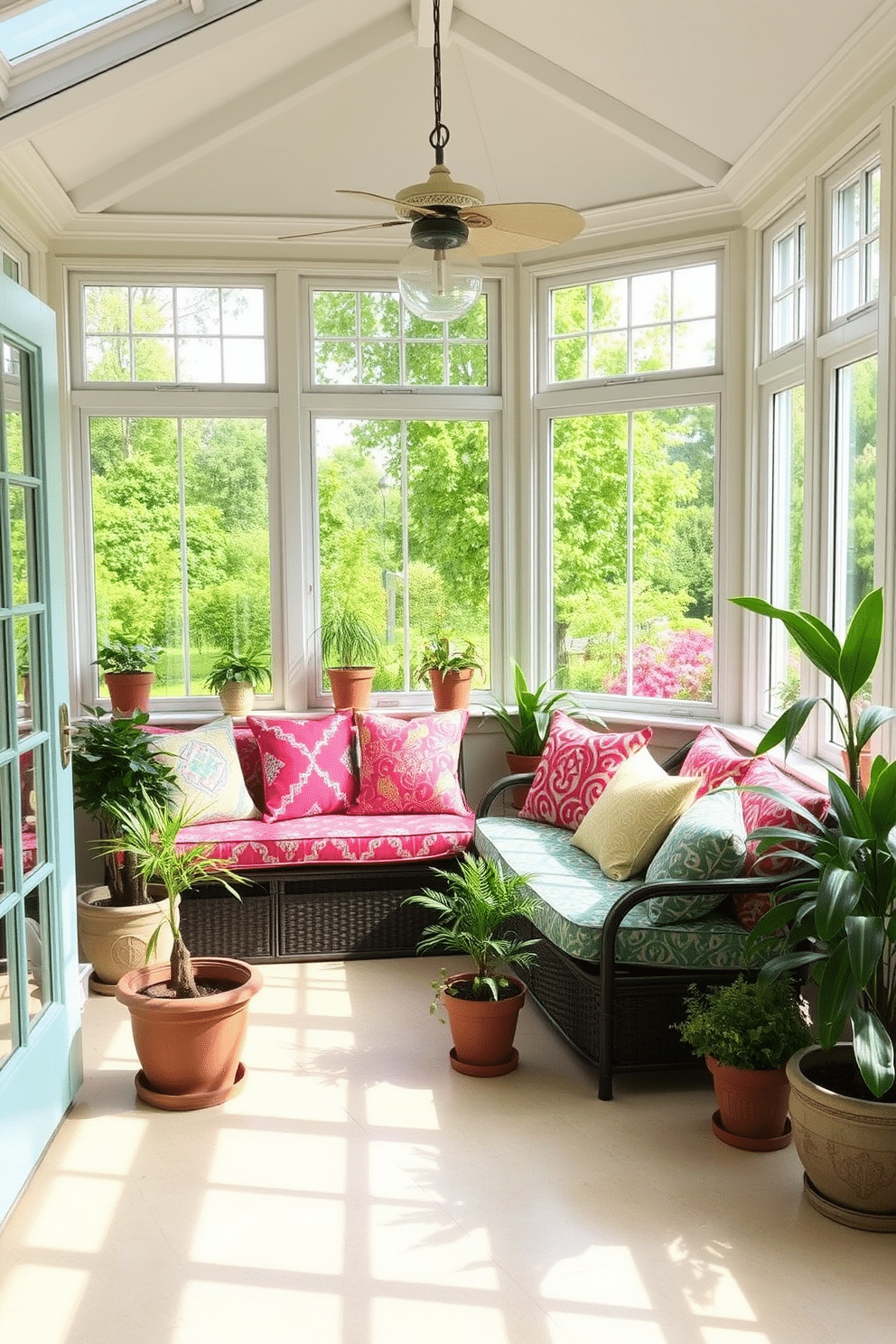 A cozy sunroom filled with natural light. The space features a comfortable seating area adorned with vibrant outdoor cushions in various patterns and colors. Surrounding the seating are potted plants that add a touch of greenery. Large windows provide a view of the garden outside, enhancing the relaxed atmosphere.