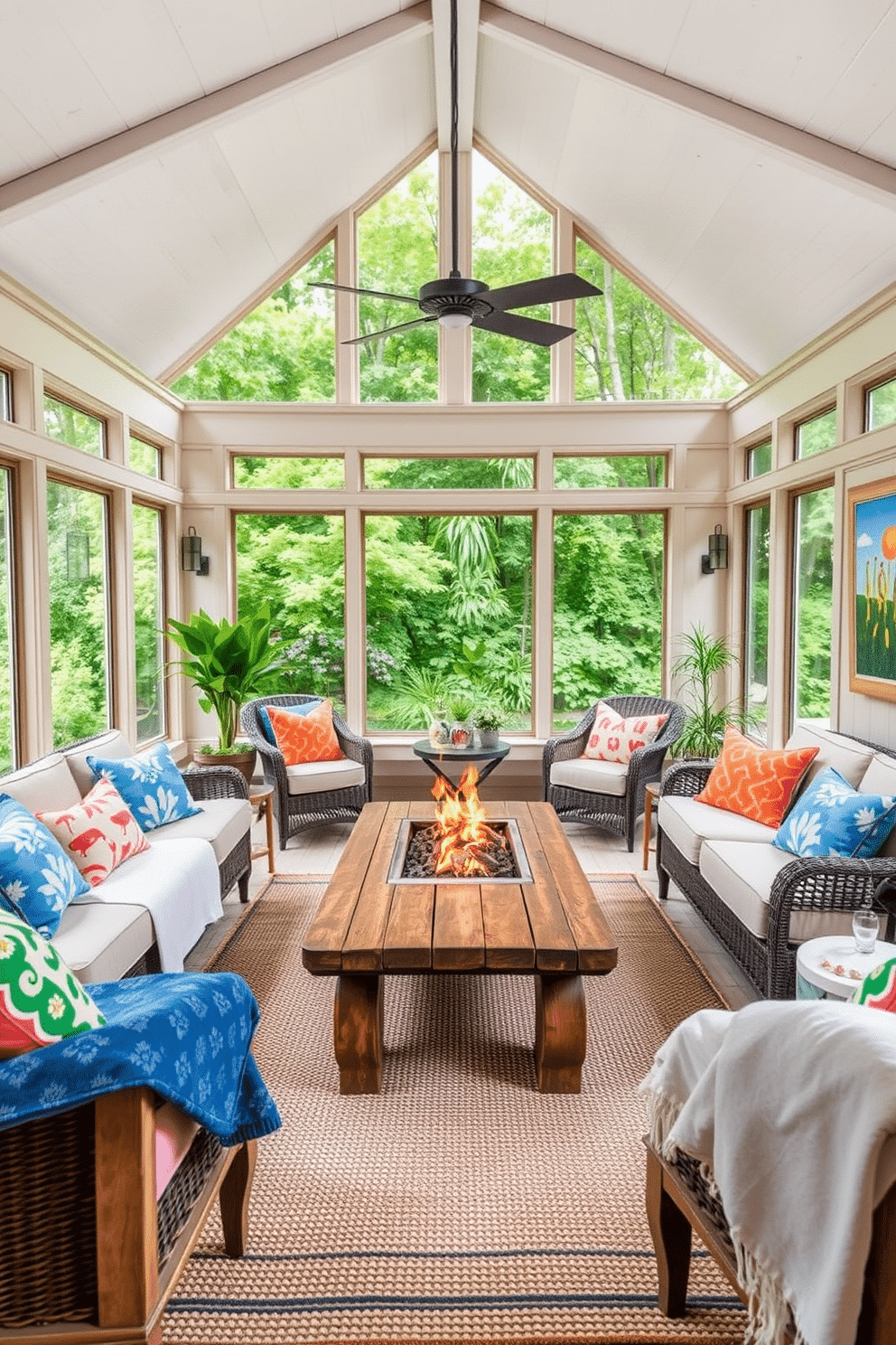 A cozy sunroom featuring a large fire pit at the center surrounded by comfortable seating. The space is decorated with vibrant throw pillows and soft blankets, creating an inviting atmosphere for Labor Day gatherings. Large windows allow natural light to flood the room, showcasing lush greenery outside. The walls are adorned with cheerful artwork, and a rustic wooden coffee table sits atop a textured rug.