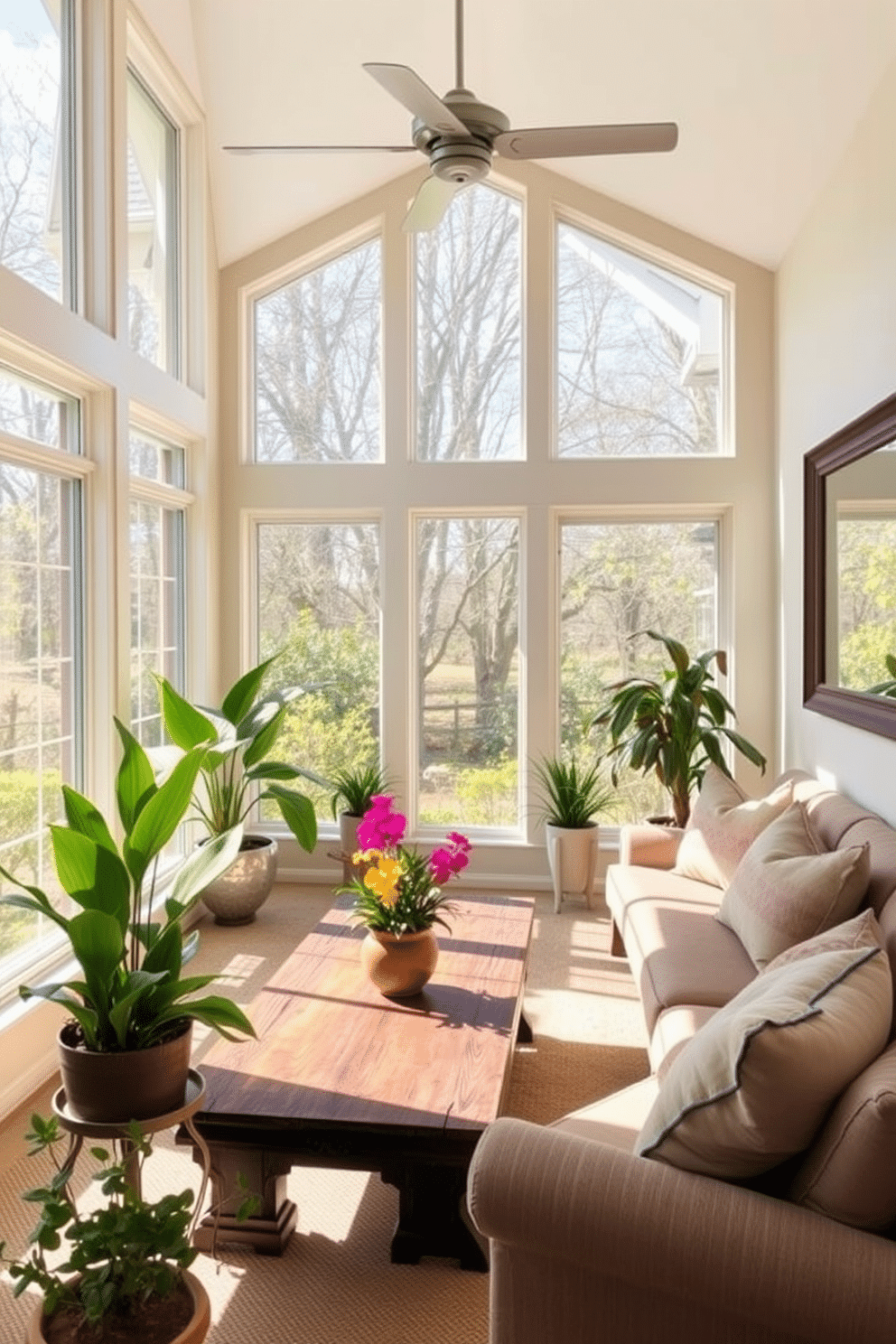 A bright sunroom filled with natural light. Large windows line the walls, allowing sunlight to pour in and create a warm atmosphere. A large mirror is hung on one wall to reflect the light and enhance the spacious feel. Comfortable seating is arranged around a rustic wooden coffee table, adorned with vibrant plants and decorative pillows.