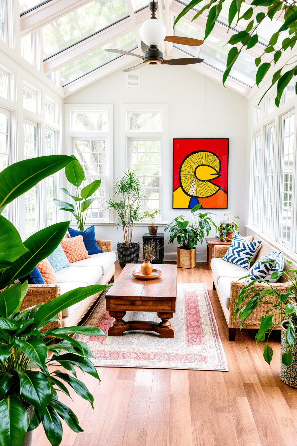 A bright and inviting sunroom filled with natural light. The walls are adorned with bold wall art that adds a vibrant touch to the space. Comfortable seating is arranged around a rustic wooden coffee table. Lush green plants are placed in the corners, enhancing the room's connection to nature.