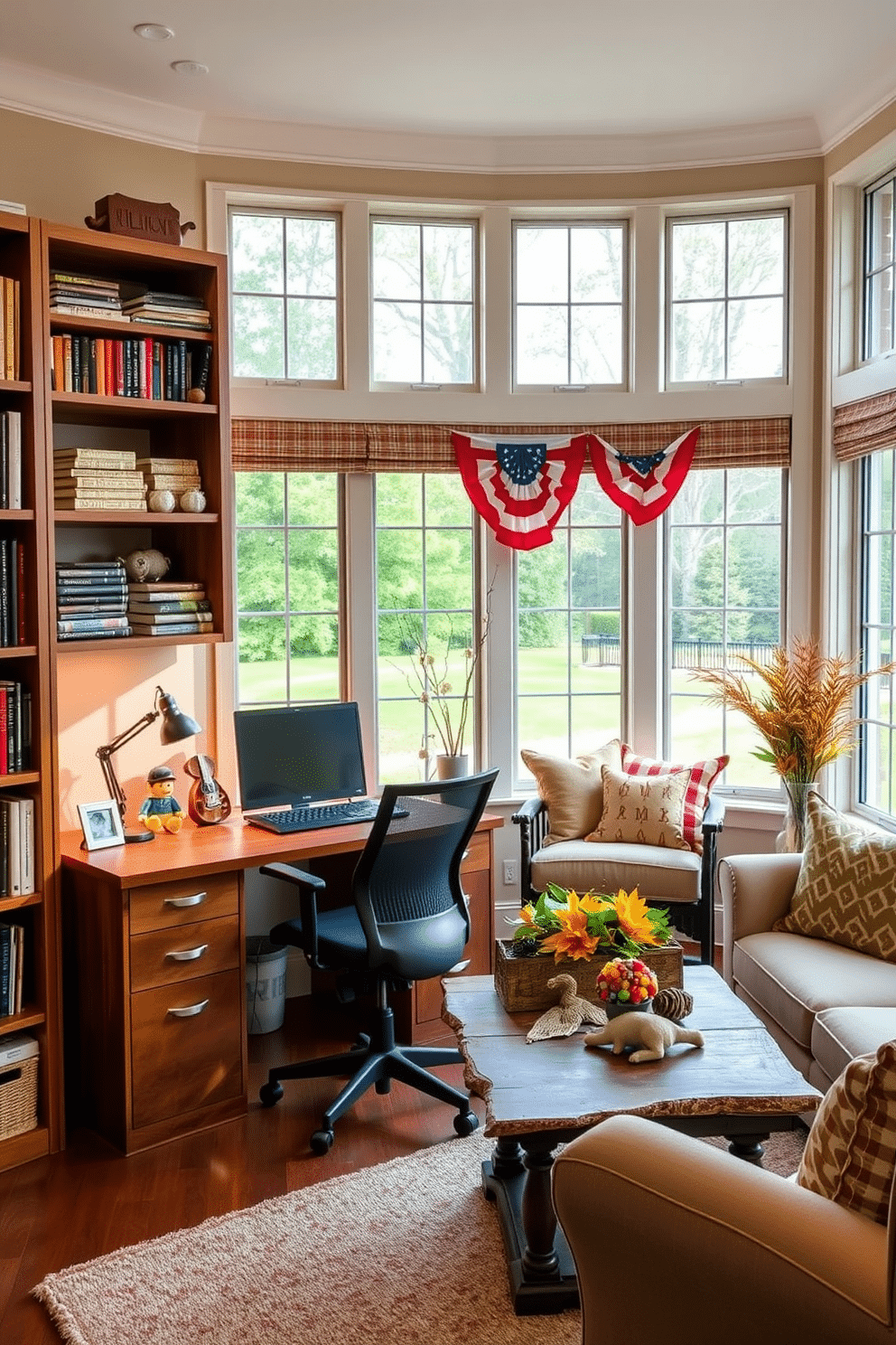 A multi-functional workspace designed for productivity and comfort. The room features a sleek wooden desk with an ergonomic chair, surrounded by bookshelves filled with neatly organized books and decorative items. Labor Day sunroom decorated with vibrant colors and cozy furnishings. Large windows let in natural light, showcasing a comfortable seating area with plush cushions and a rustic coffee table adorned with seasonal decorations.