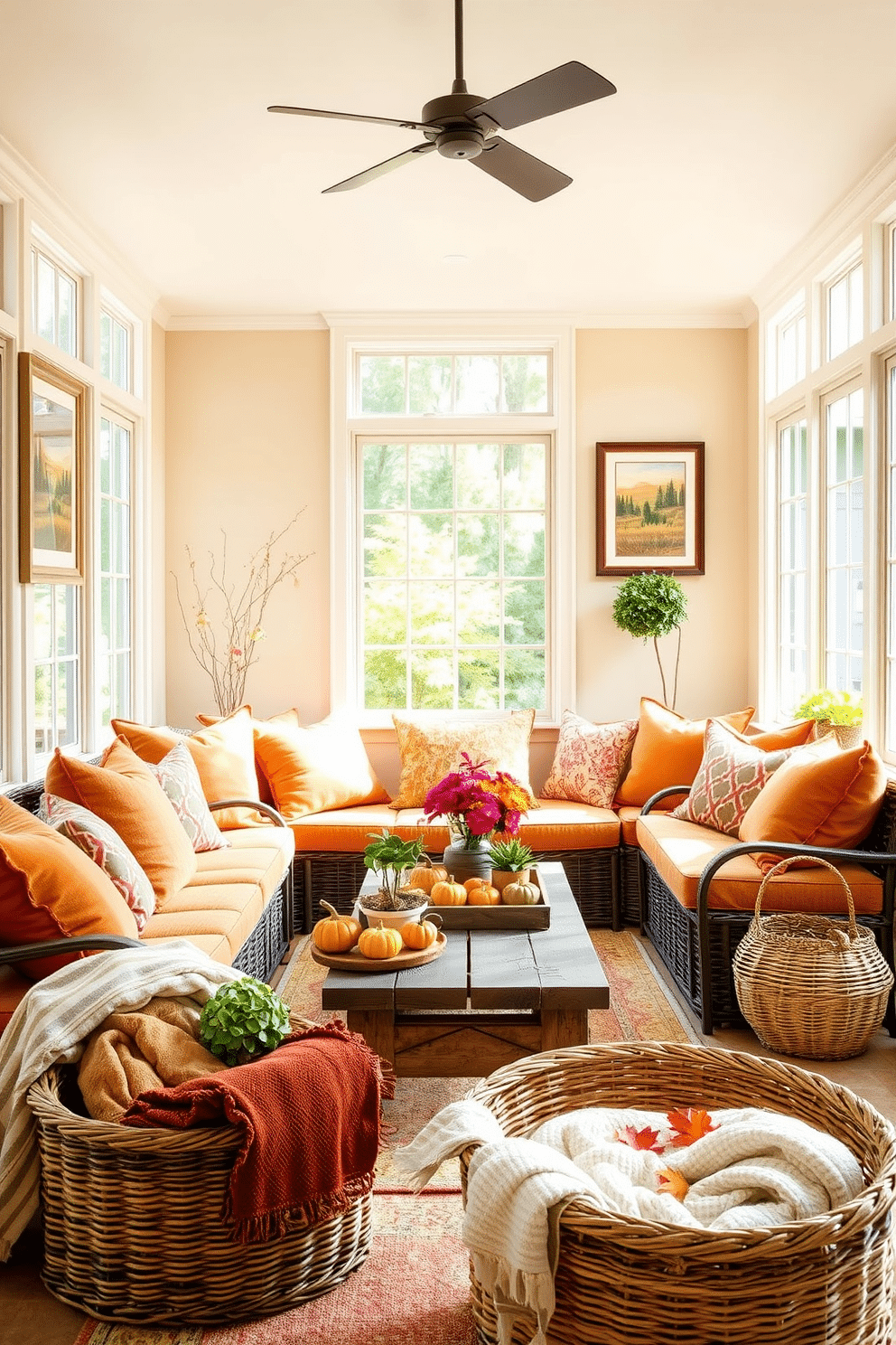 A bright sunroom filled with natural light showcases a comfortable seating area adorned with plush cushions in warm autumn colors. A rustic wooden coffee table sits in the center, surrounded by potted plants and seasonal decorations like small pumpkins and colorful leaves. On the walls, soft beige tones are complemented by framed artwork depicting fall landscapes. A woven basket filled with cozy blankets rests in one corner, inviting relaxation and warmth during the cooler months.