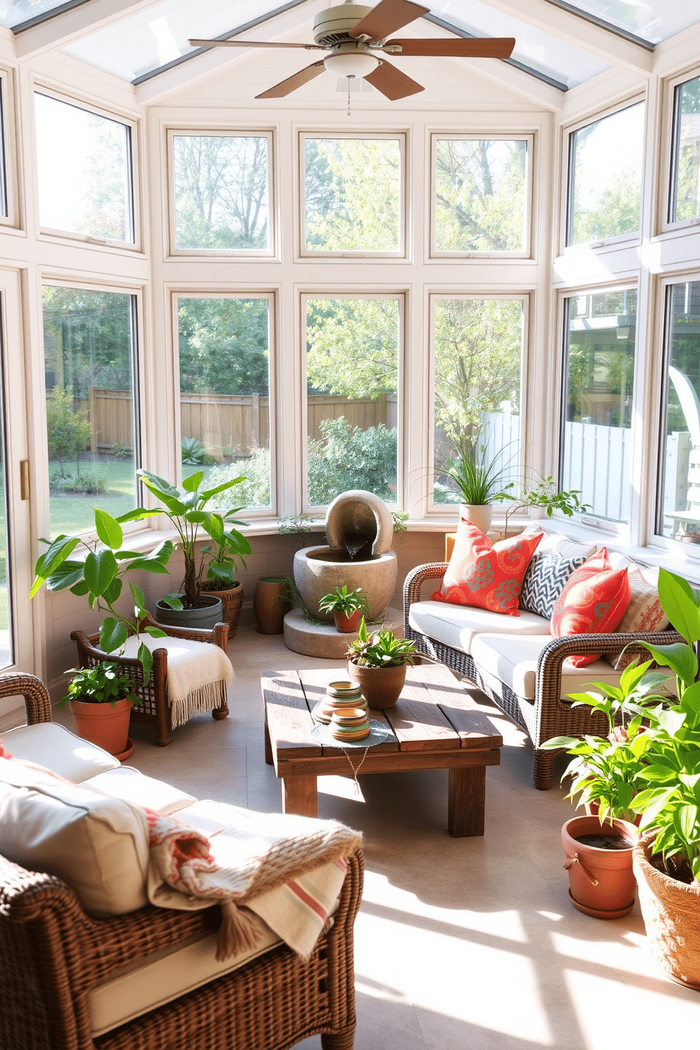 A bright and inviting sunroom filled with natural light. Large windows frame the space, allowing views of the garden outside, while a small indoor water feature gently trickles in the corner, creating a serene atmosphere. Cozy seating is arranged around a rustic wooden coffee table, adorned with vibrant cushions and a soft throw. Potted plants in various sizes are placed throughout the room, adding a touch of greenery and life to the decor.